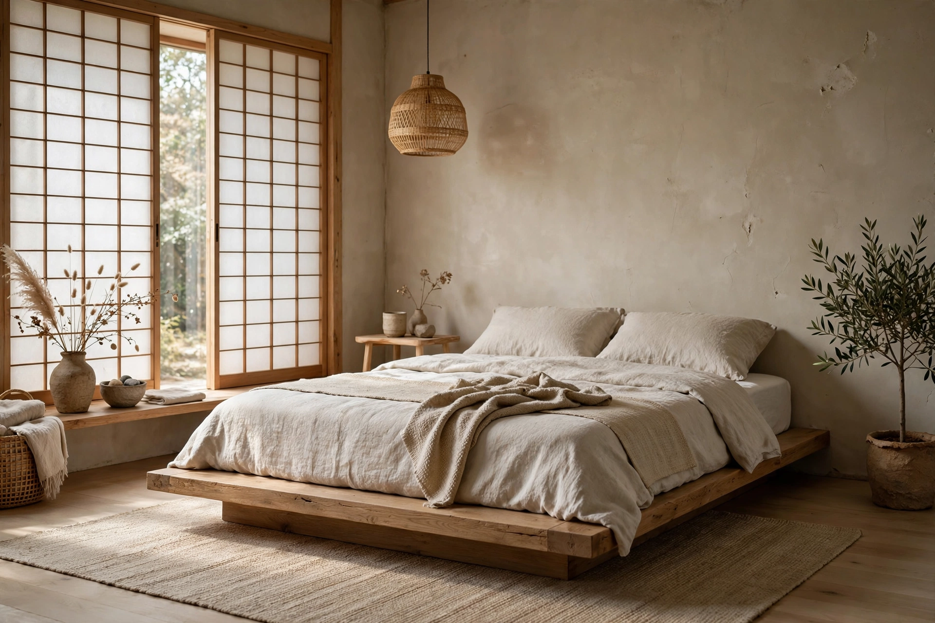 Japandi style living room with low wooden furniture