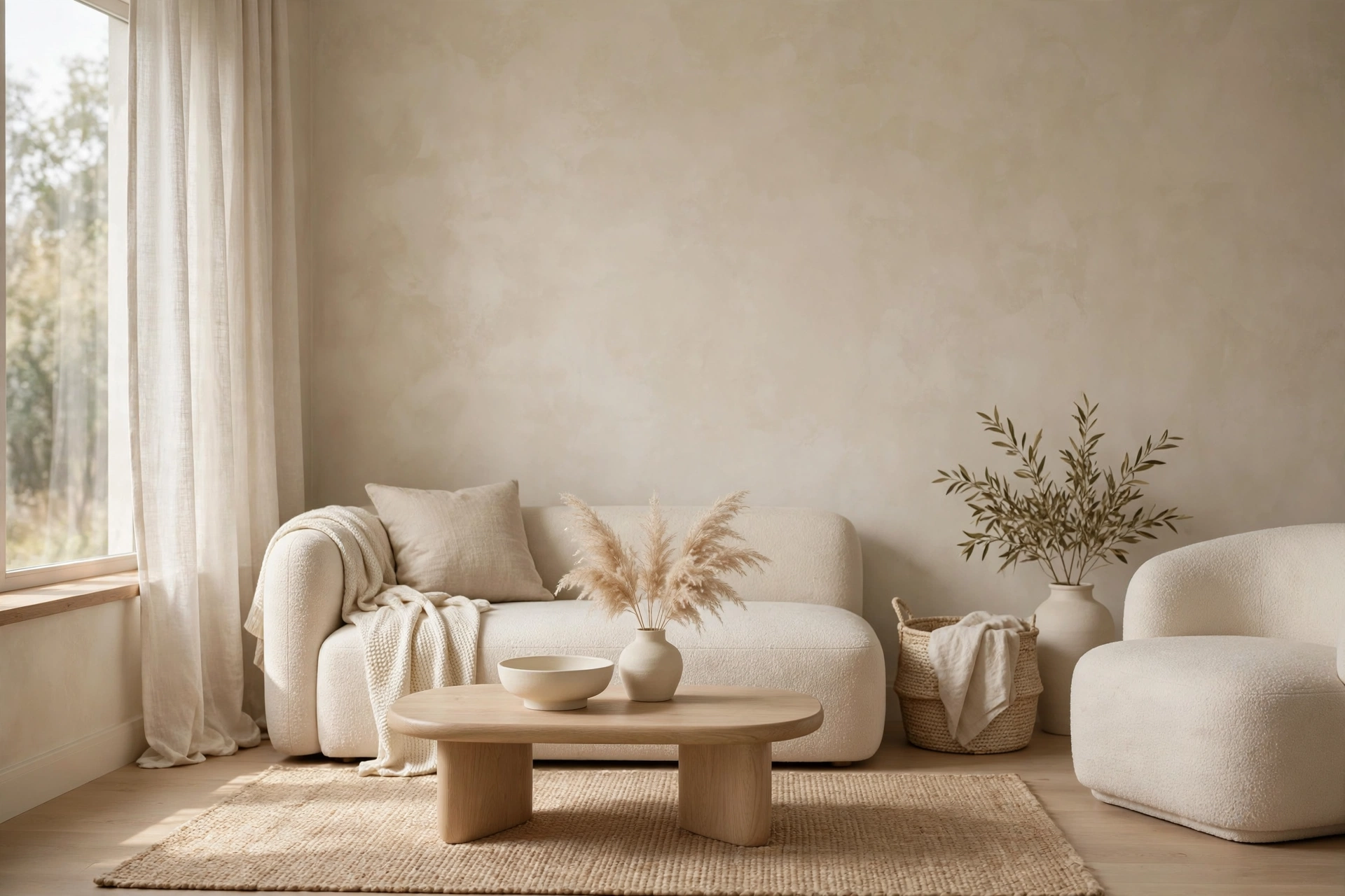 Neutral palette living room in warm whites and beiges