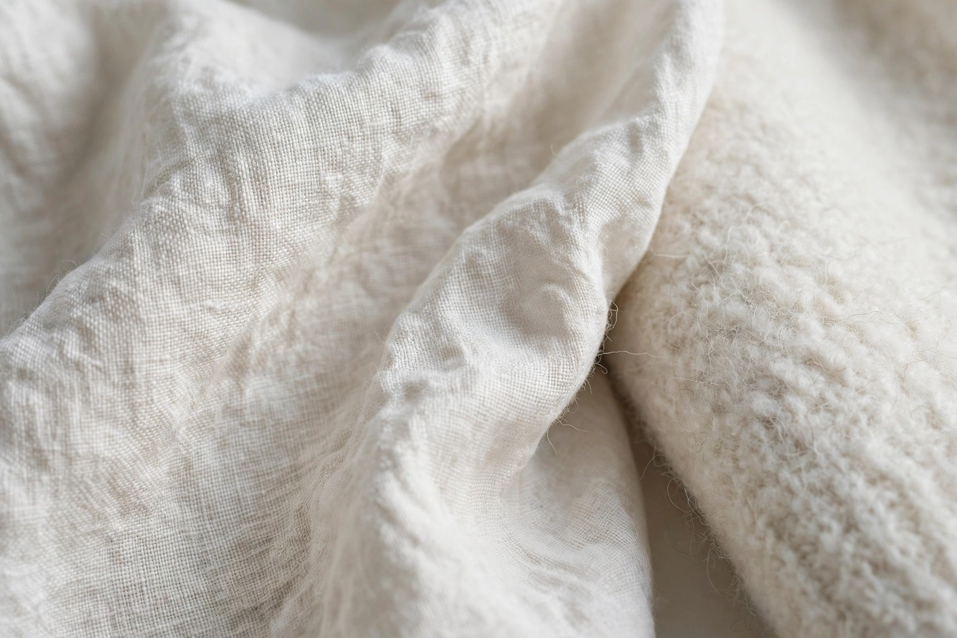Soft textures with linen throw and wool cushions in neutral tones