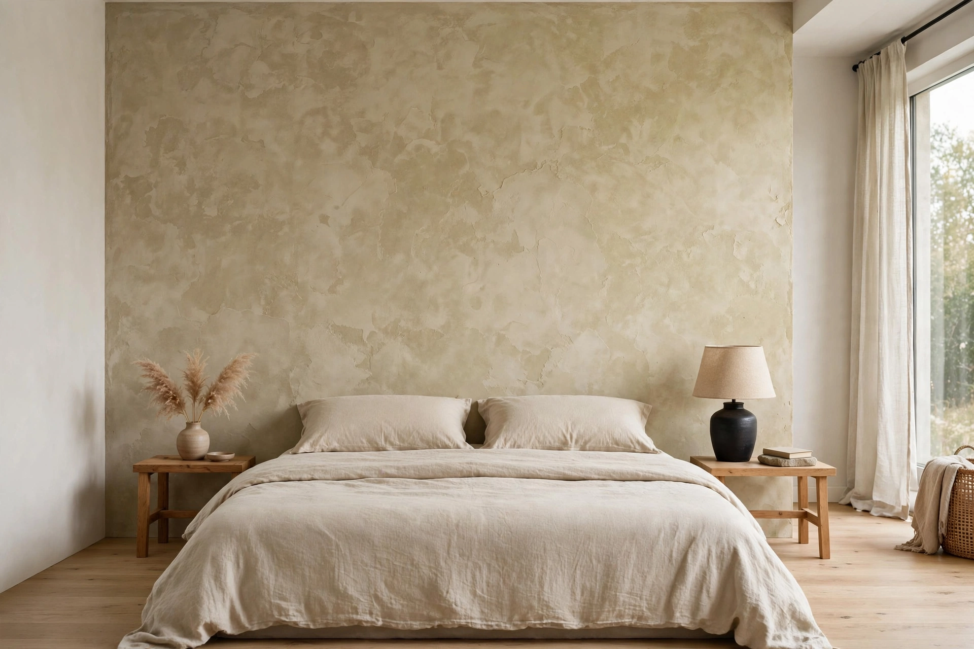 Modern bedroom with a sleek accent wall behind the bed