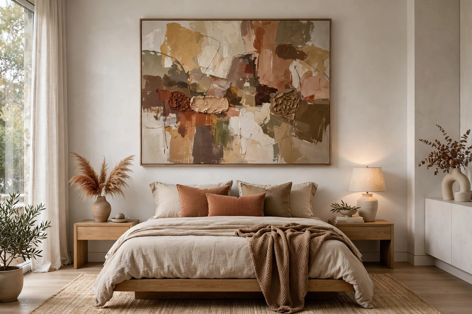 Oversized wall art above the bed in a modern bedroom