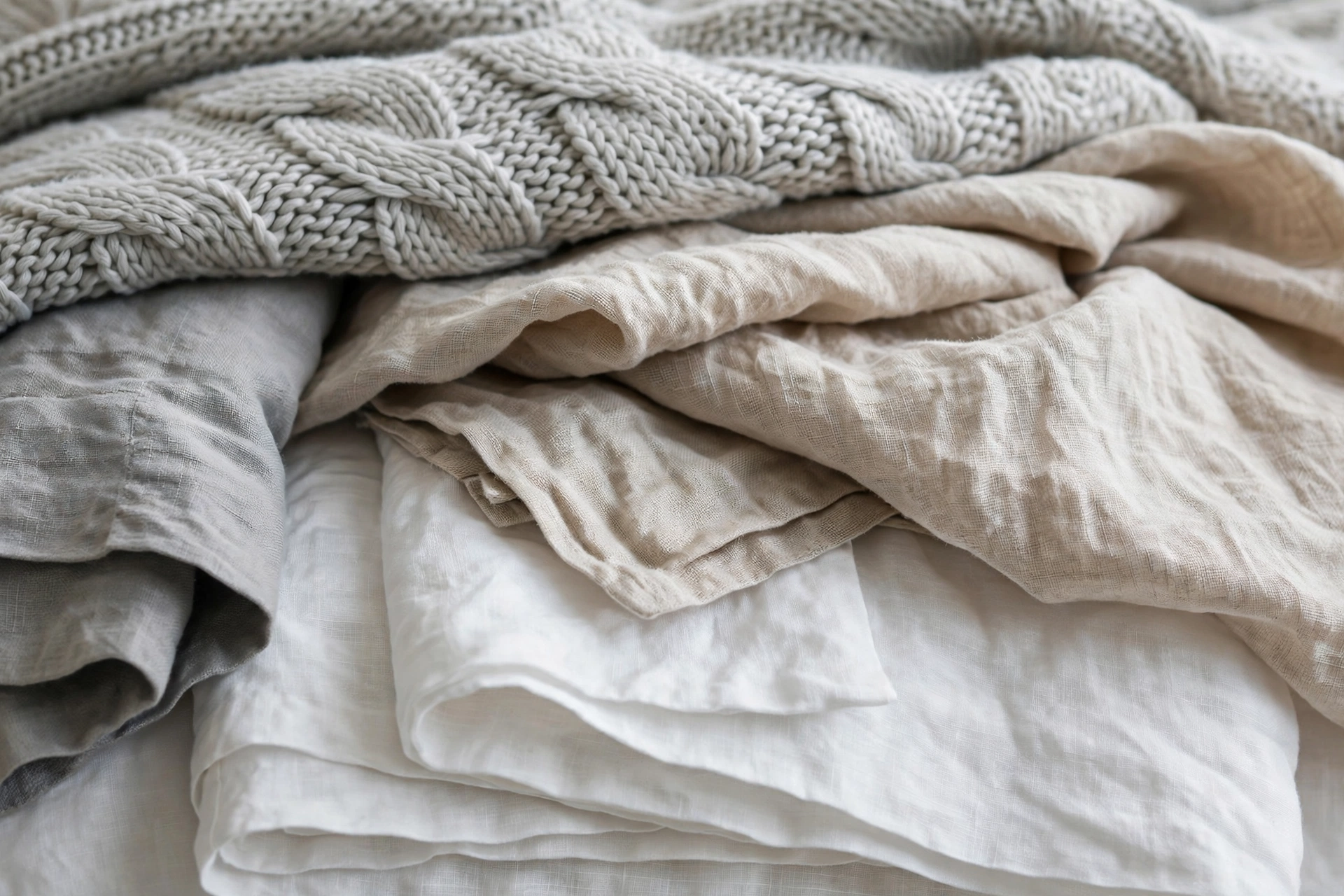 Layered modern bedding in soft neutral tones