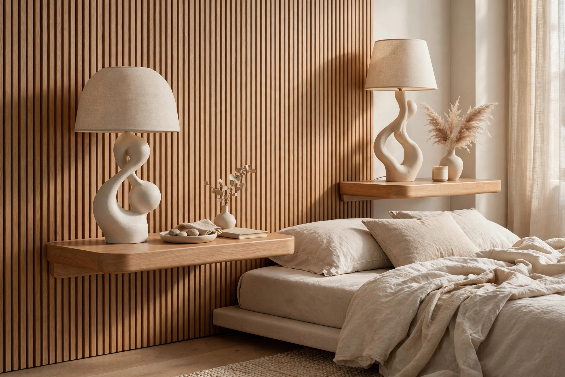 Modern bedside tables with minimalist lamps in a calm bedroom