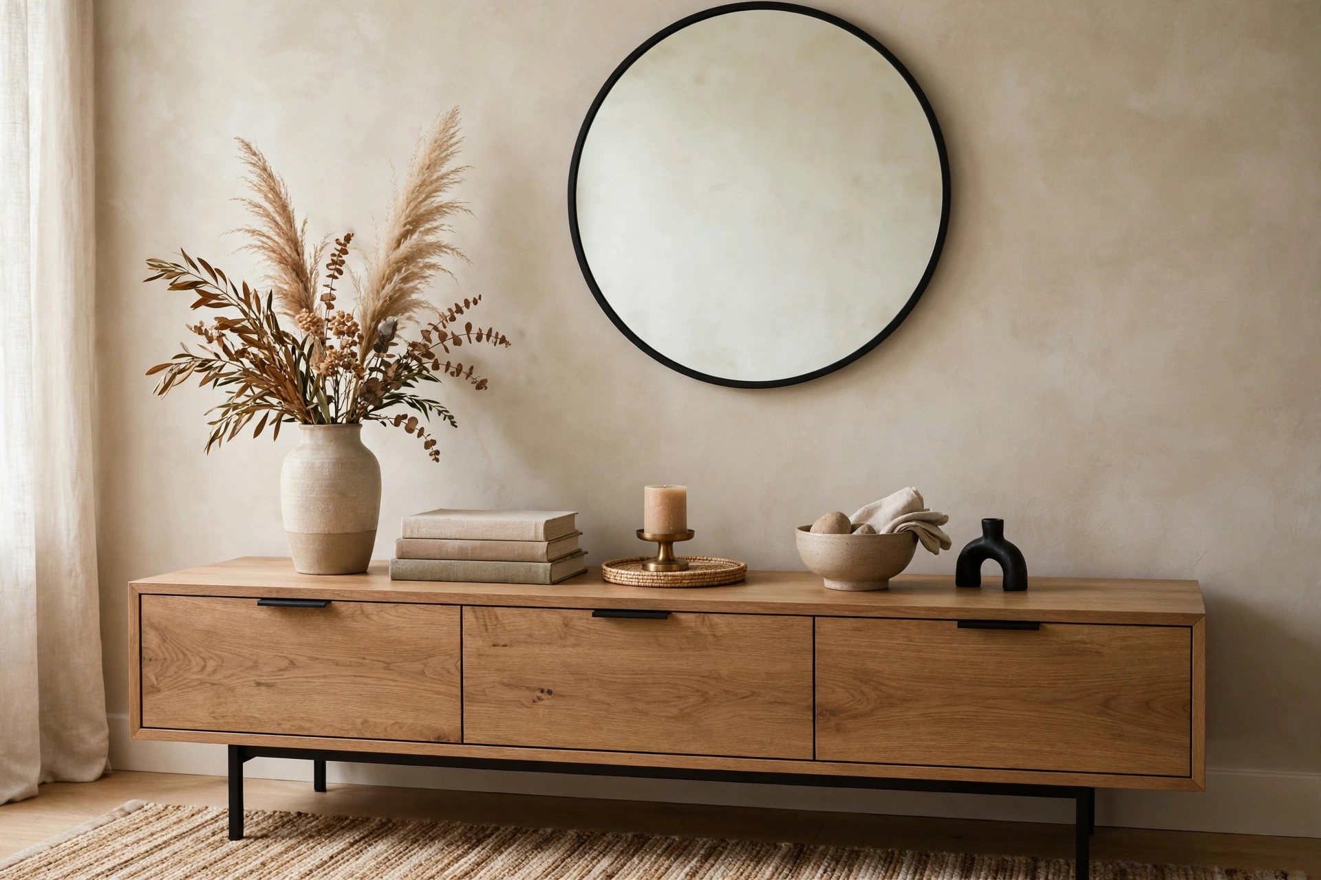 Styled modern dresser with minimal decor in a calm bedroom