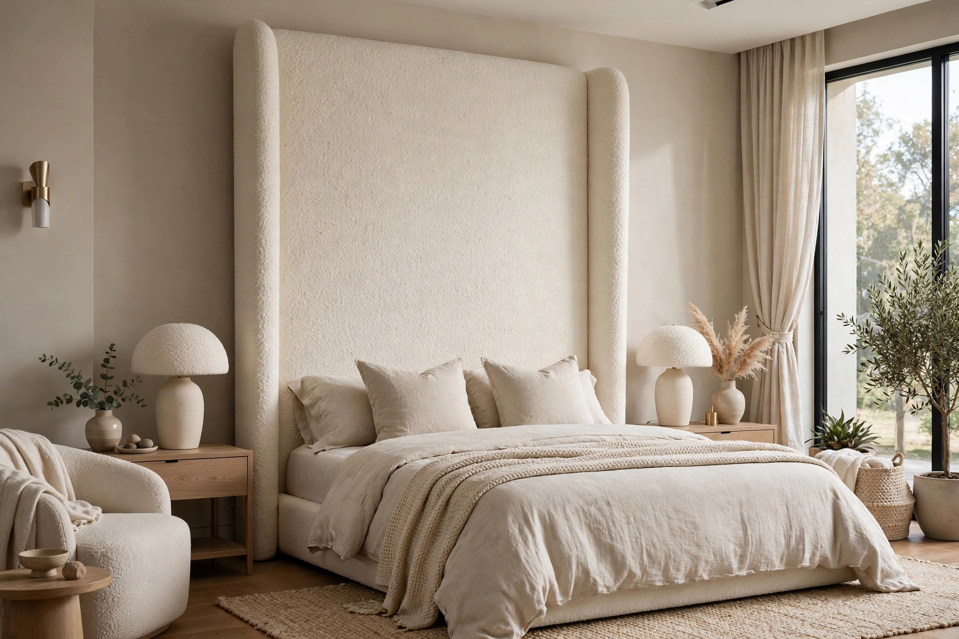 Statement upholstered headboard in a modern bedroom