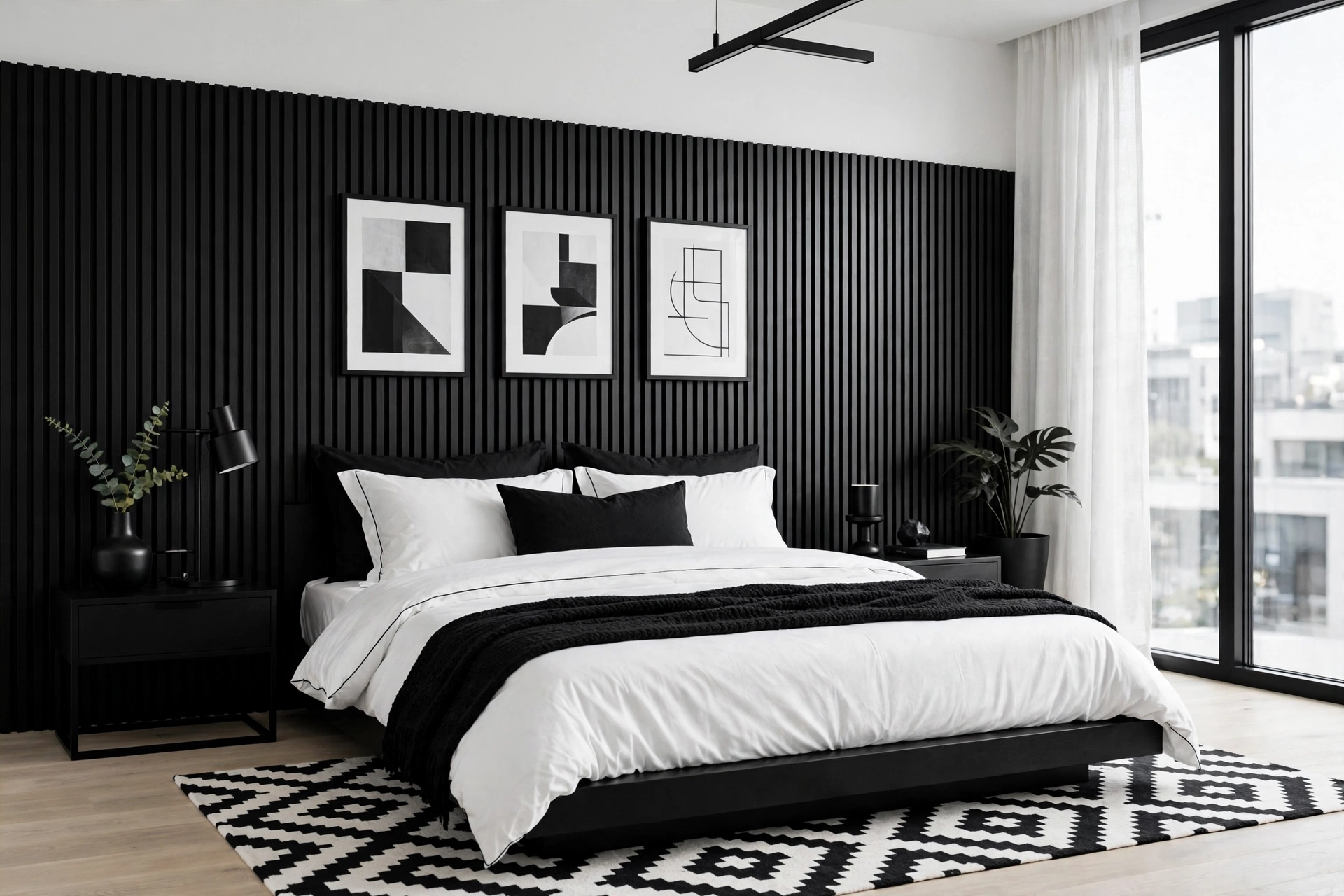 Black and white modern bedroom with monochrome decor