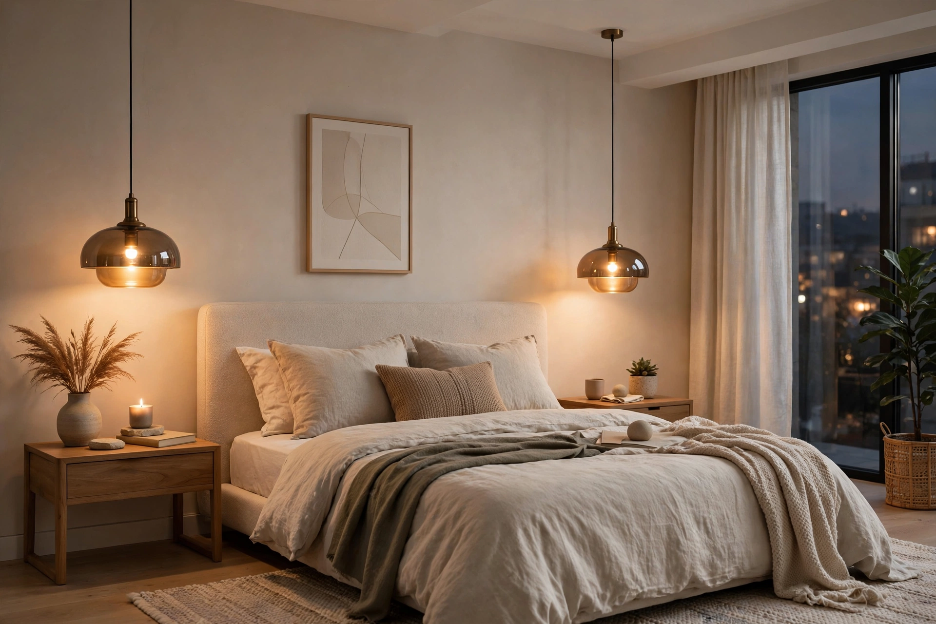 Pendant lights hanging over bedside tables in a modern bedroom