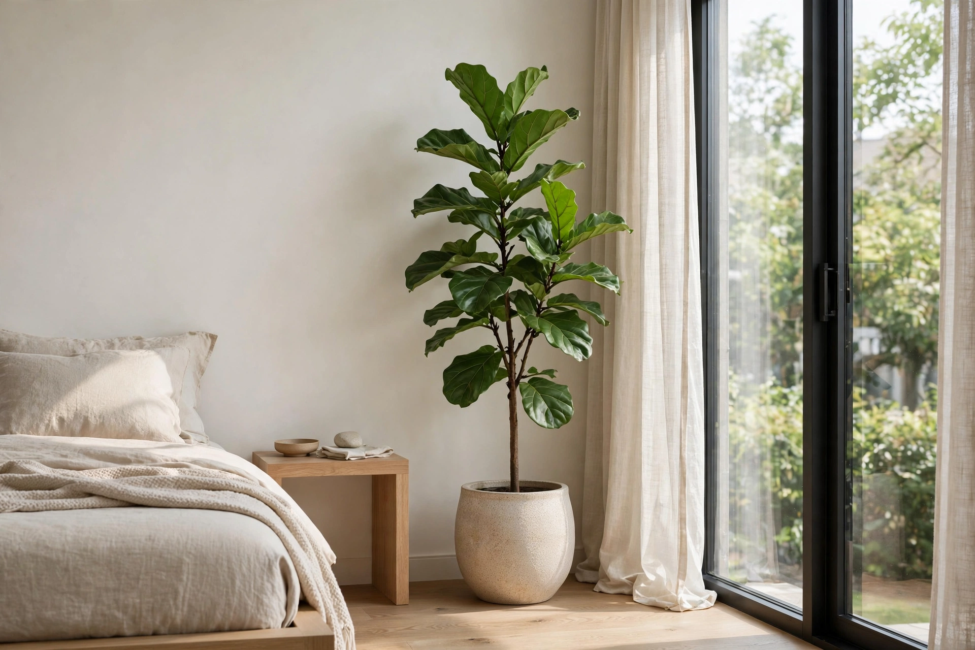 Sculptural houseplant adding life to a modern bedroom