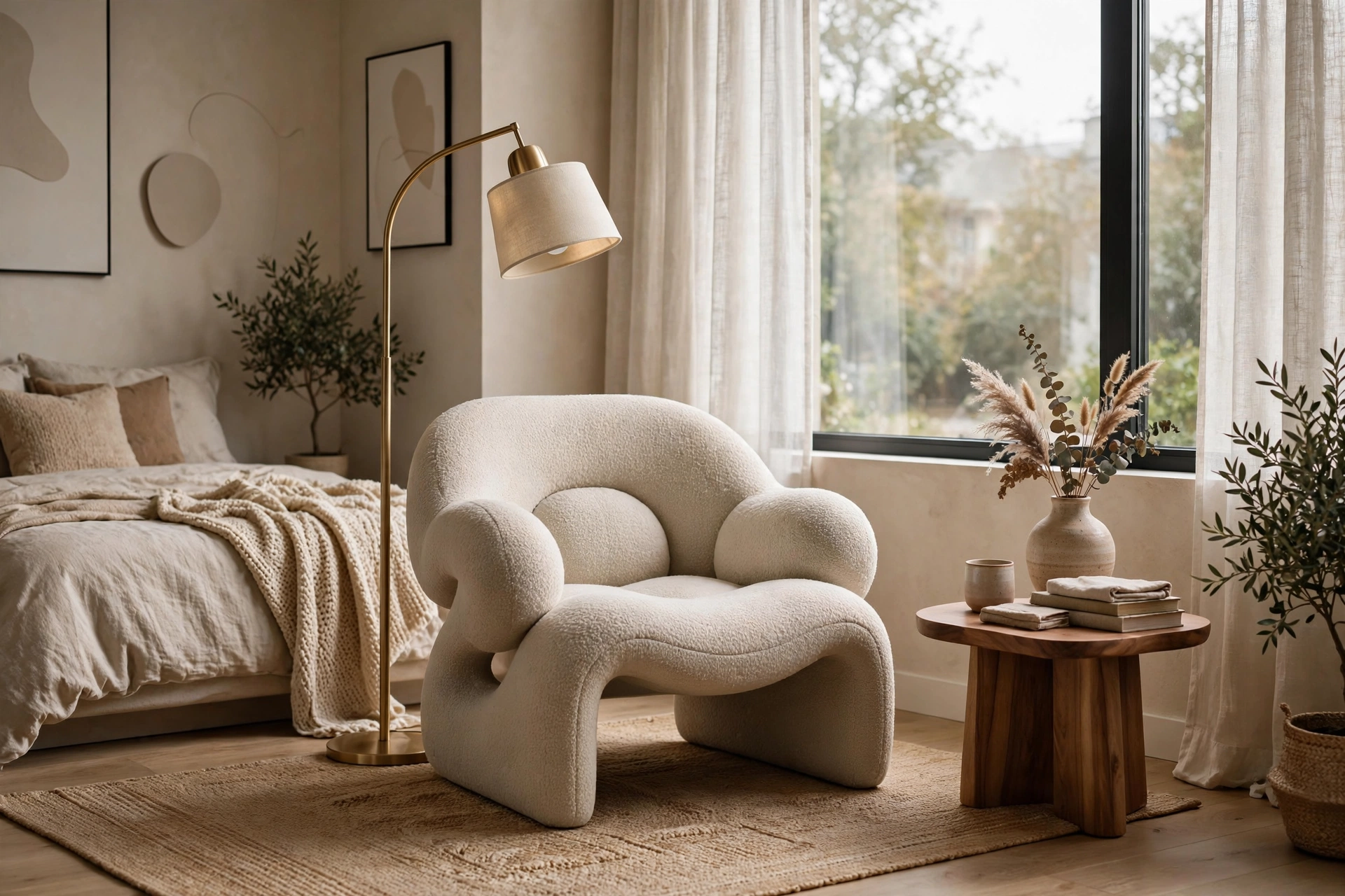Cozy modern reading nook with armchair in a bedroom corner
