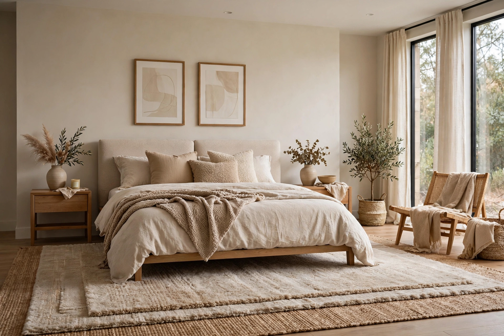 Soft area rug grounding a modern bedroom