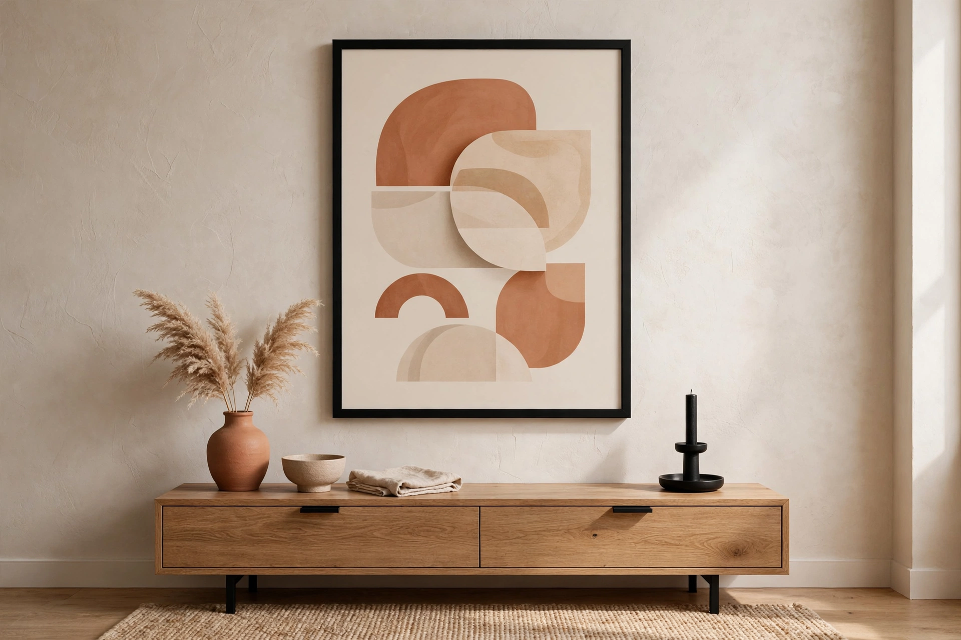 Modern abstract printable art in neutral tones hanging above a console table