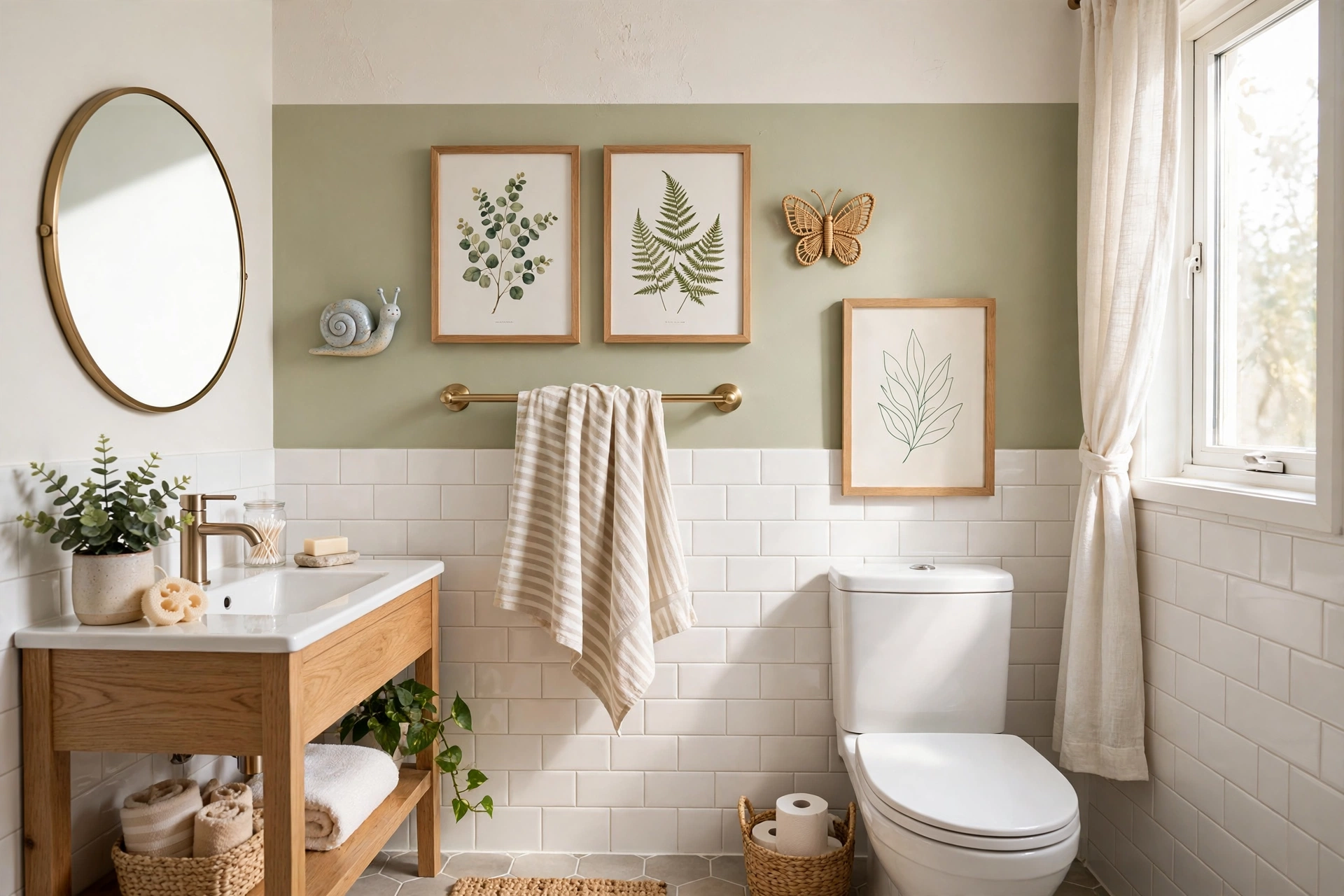 Minimalist printable wall art styled in a bright modern bathroom
