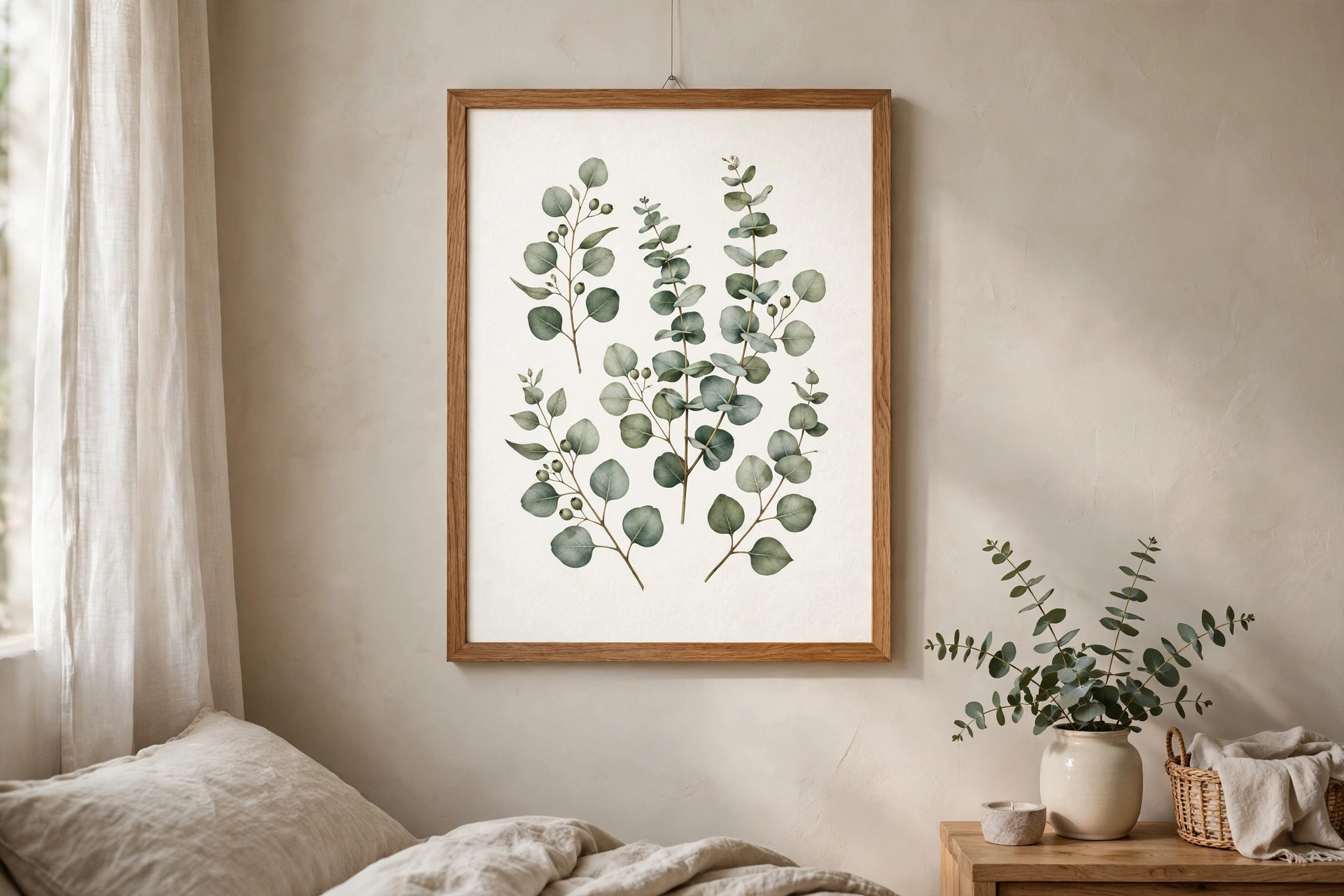 Framed botanical printable wall art with green leaf illustrations on a living room wall