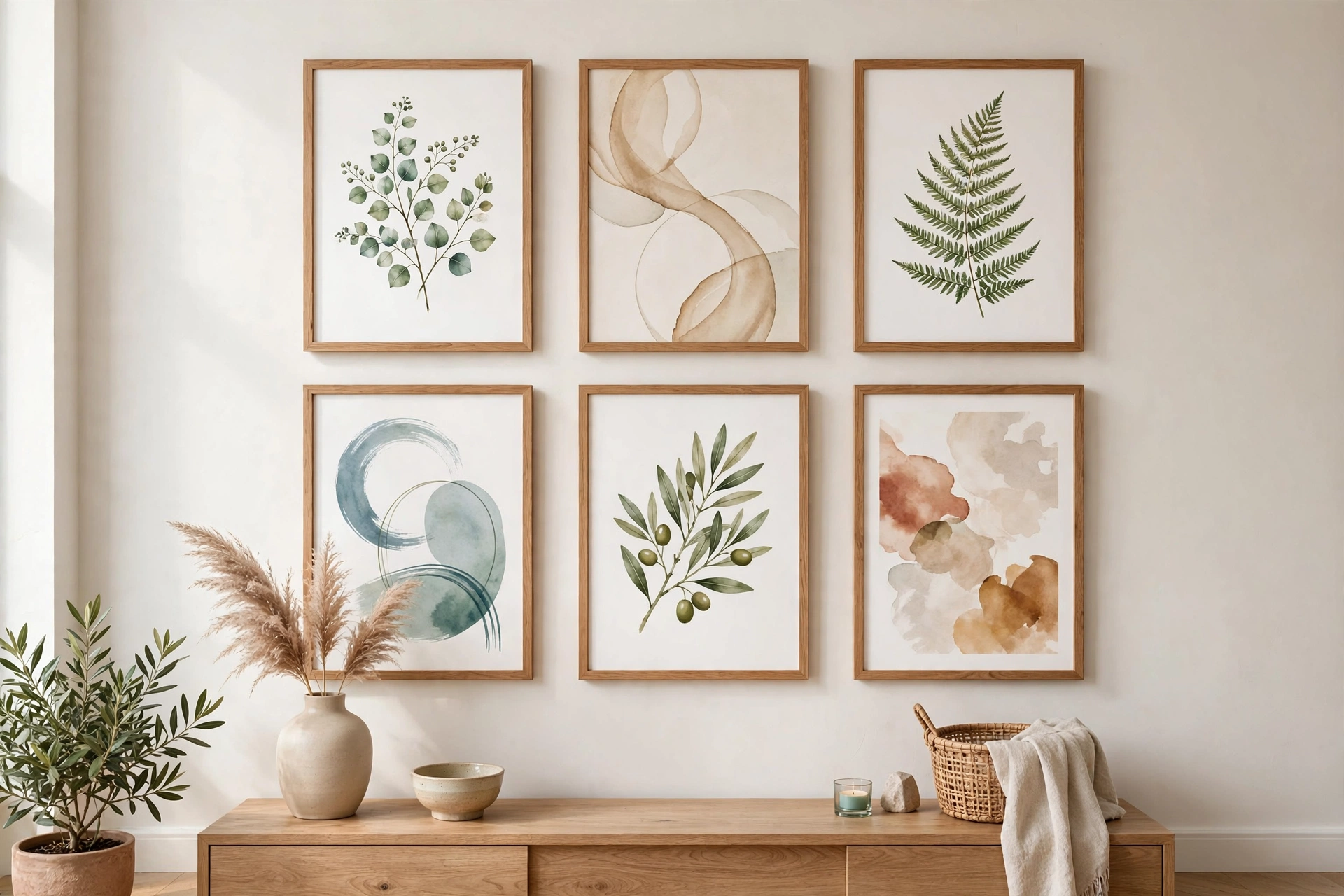 Collage of printable wall art ideas in stylish frames on a living room wall