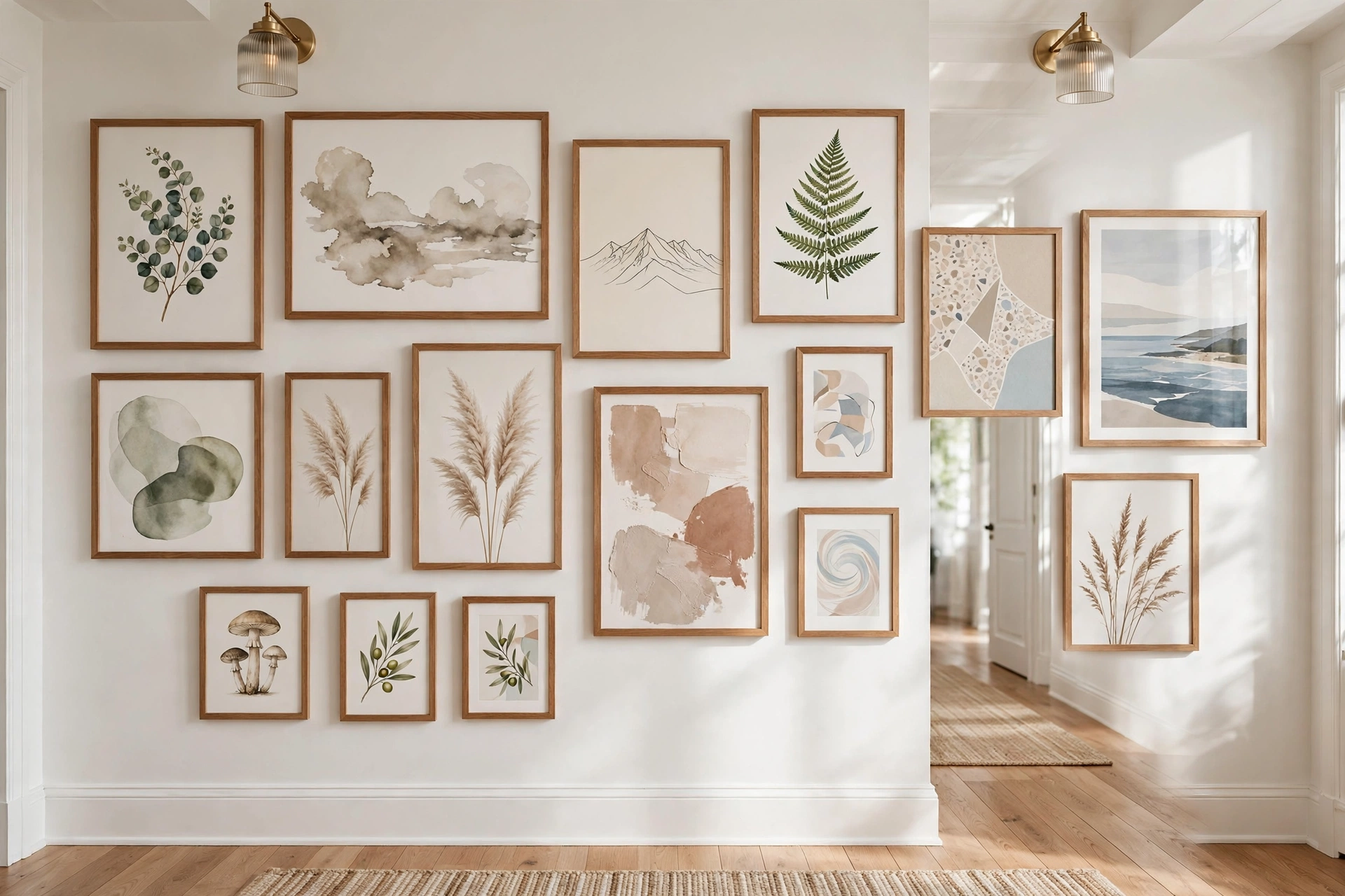 Curated gallery wall of assorted printable art prints in mixed frames