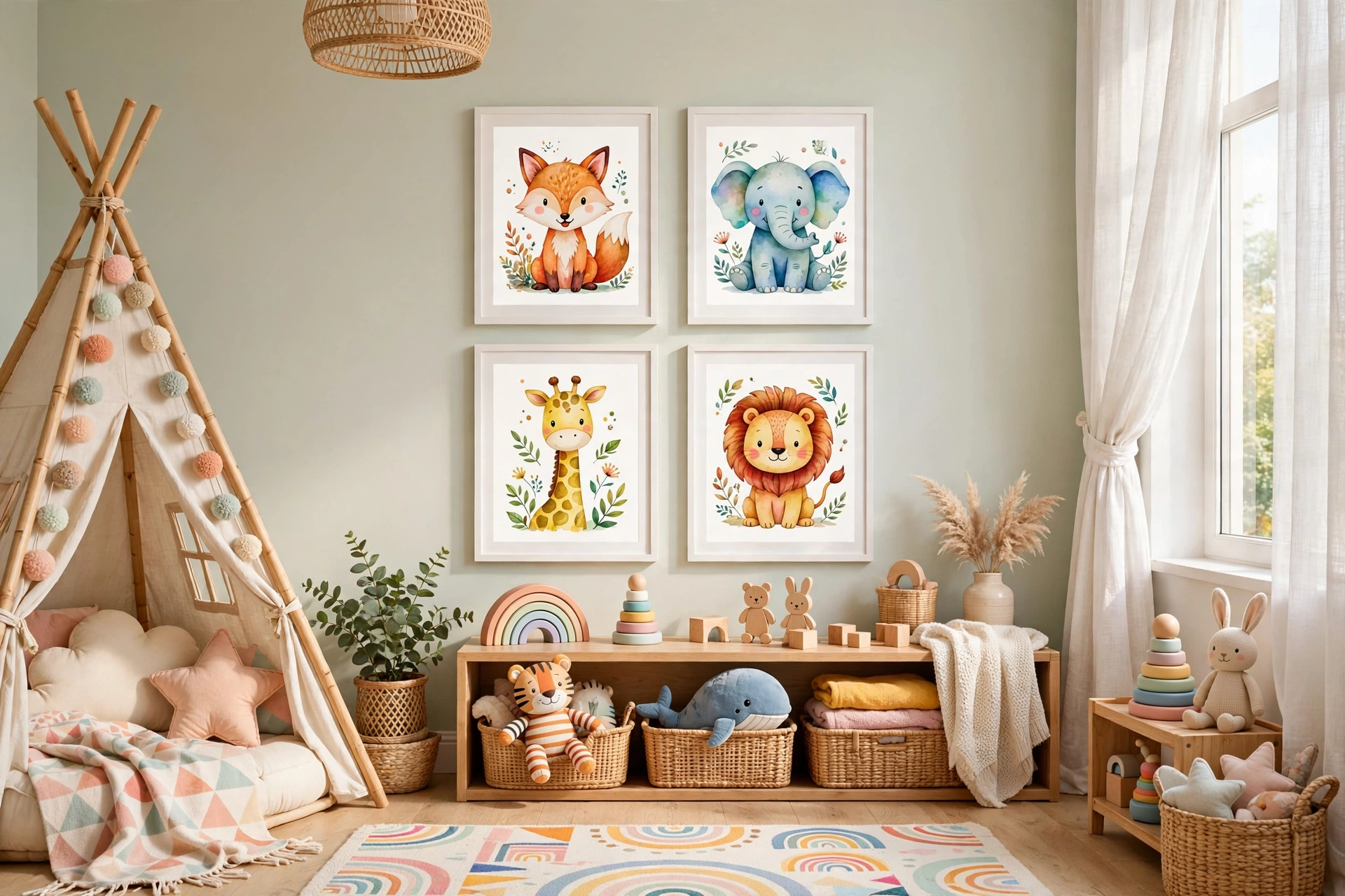 Playful colorful printable wall art for a kids room in white frames