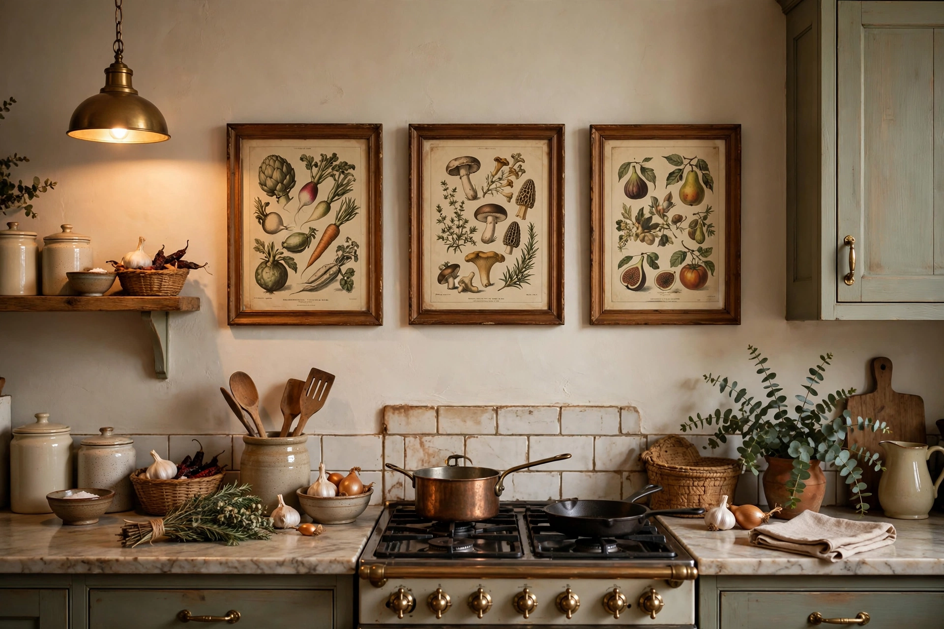 Charming printable kitchen wall art with herb illustrations above open shelving