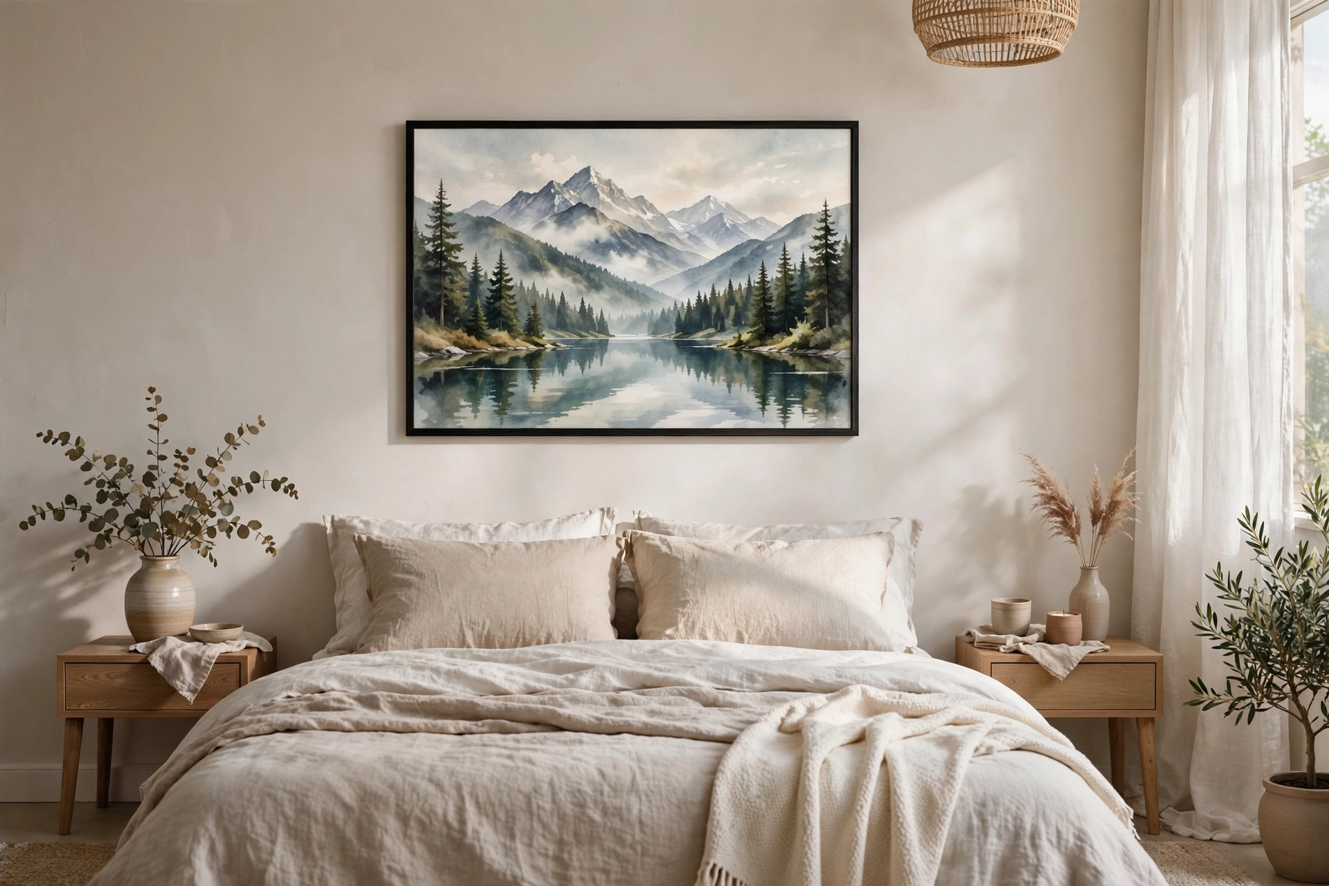 Serene landscape printable wall art print in a light wooden frame