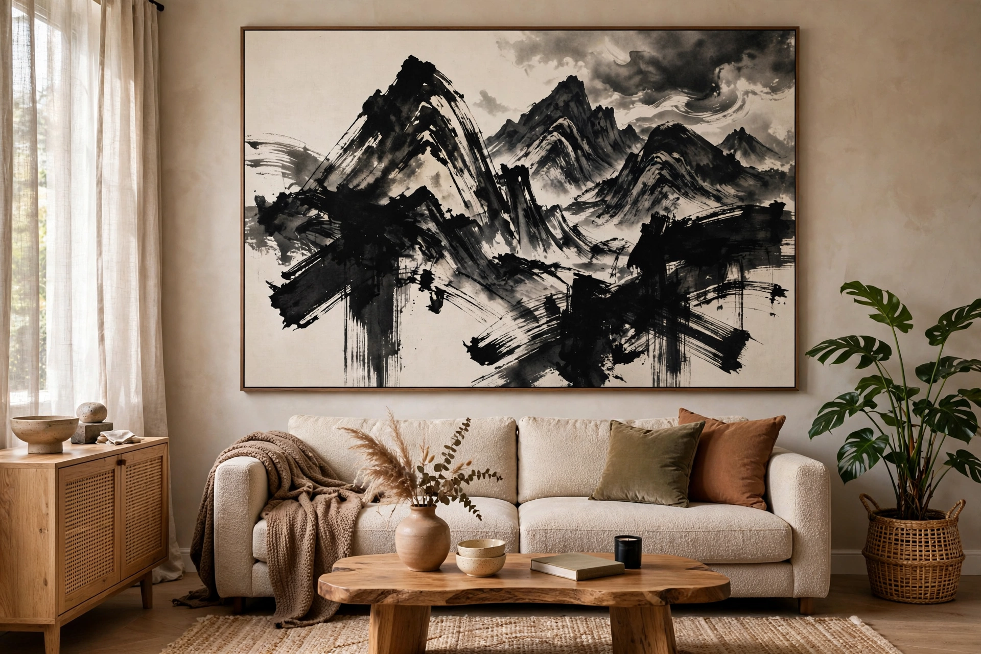 Oversized printable wall art statement piece in a modern living room