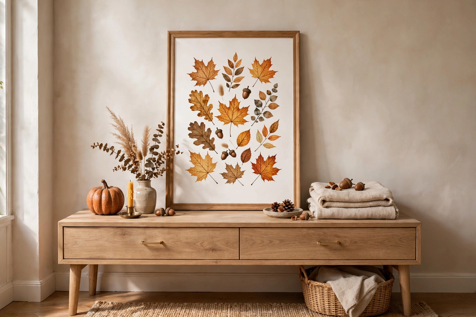 Seasonal printable wall art with an autumn pumpkin design in a black frame