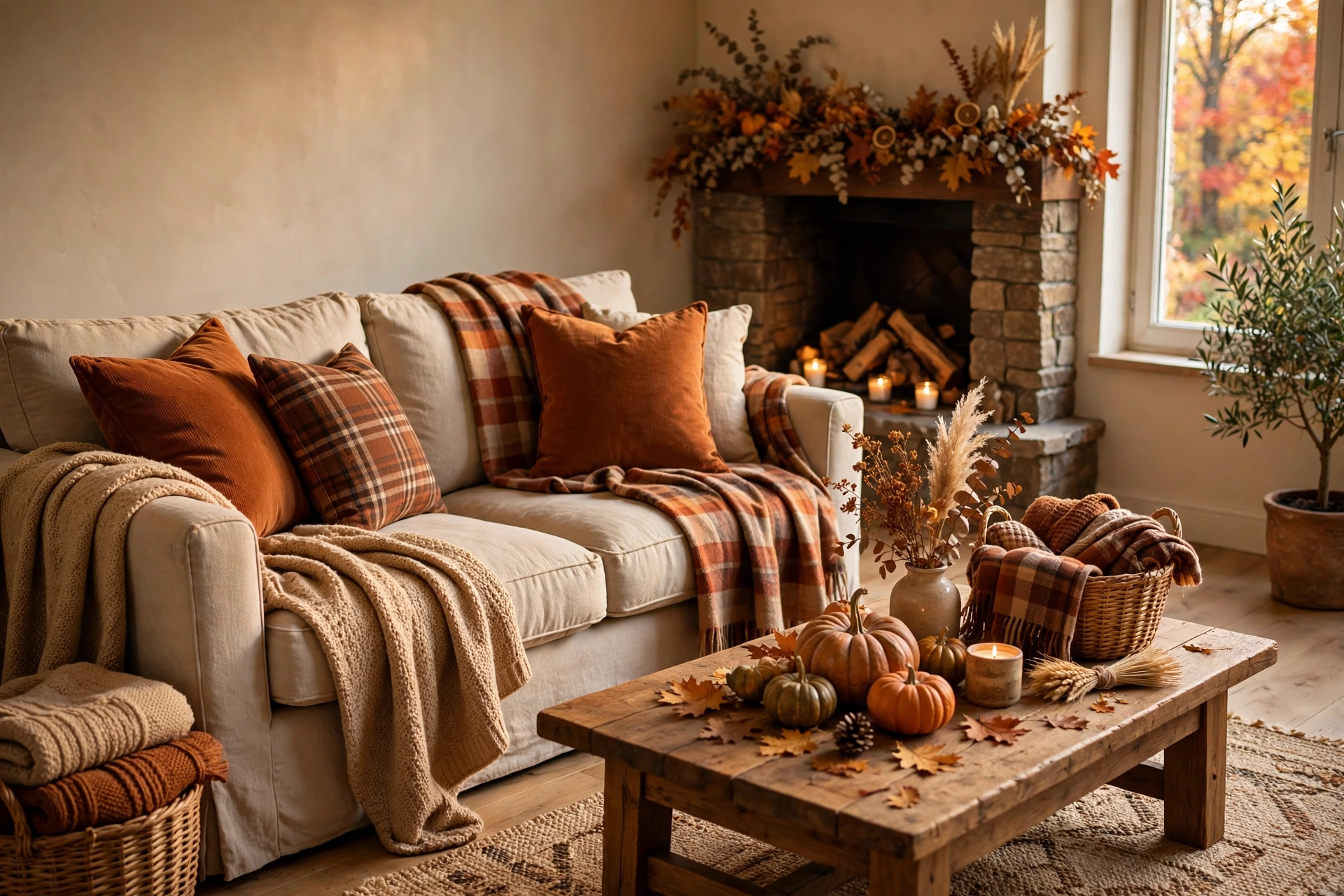 Fall textiles with plaid throw blankets and chunky knit pillows layered on a sofa