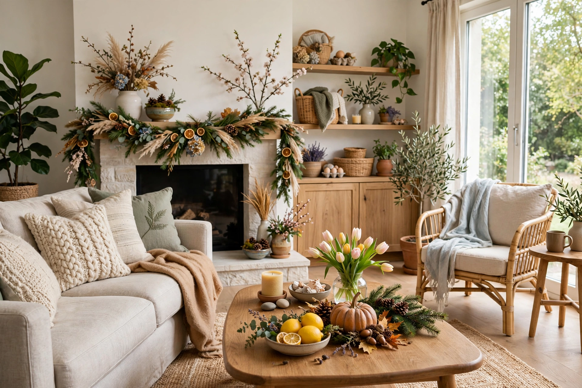 20 Seasonal Home Decor Ideas for Every Time of Year 2 Seasonal home decor living room styled for every time of year with layered neutrals and natural textures