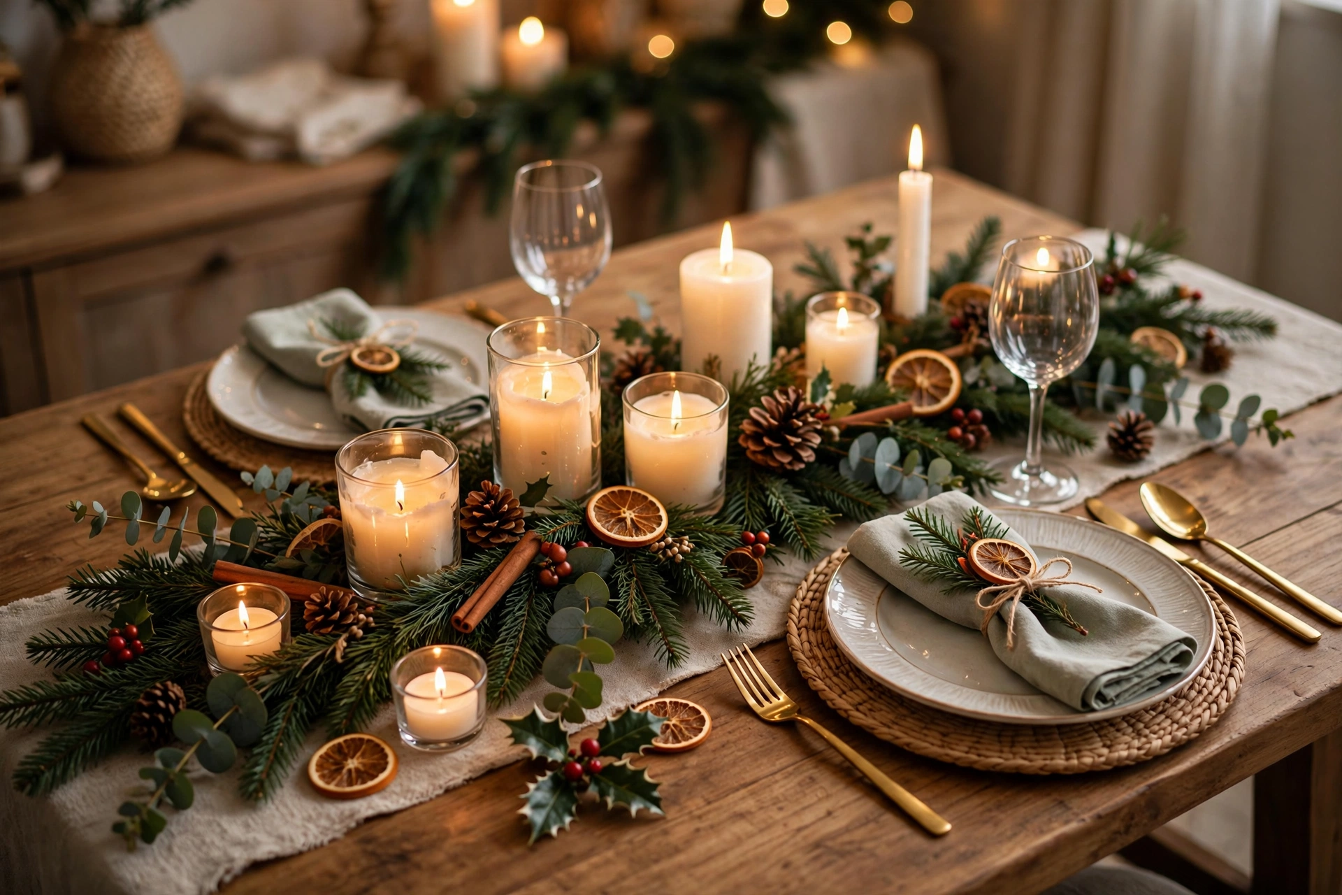 Elegant holiday table setting with a festive greenery centerpiece, candles, and gold accents