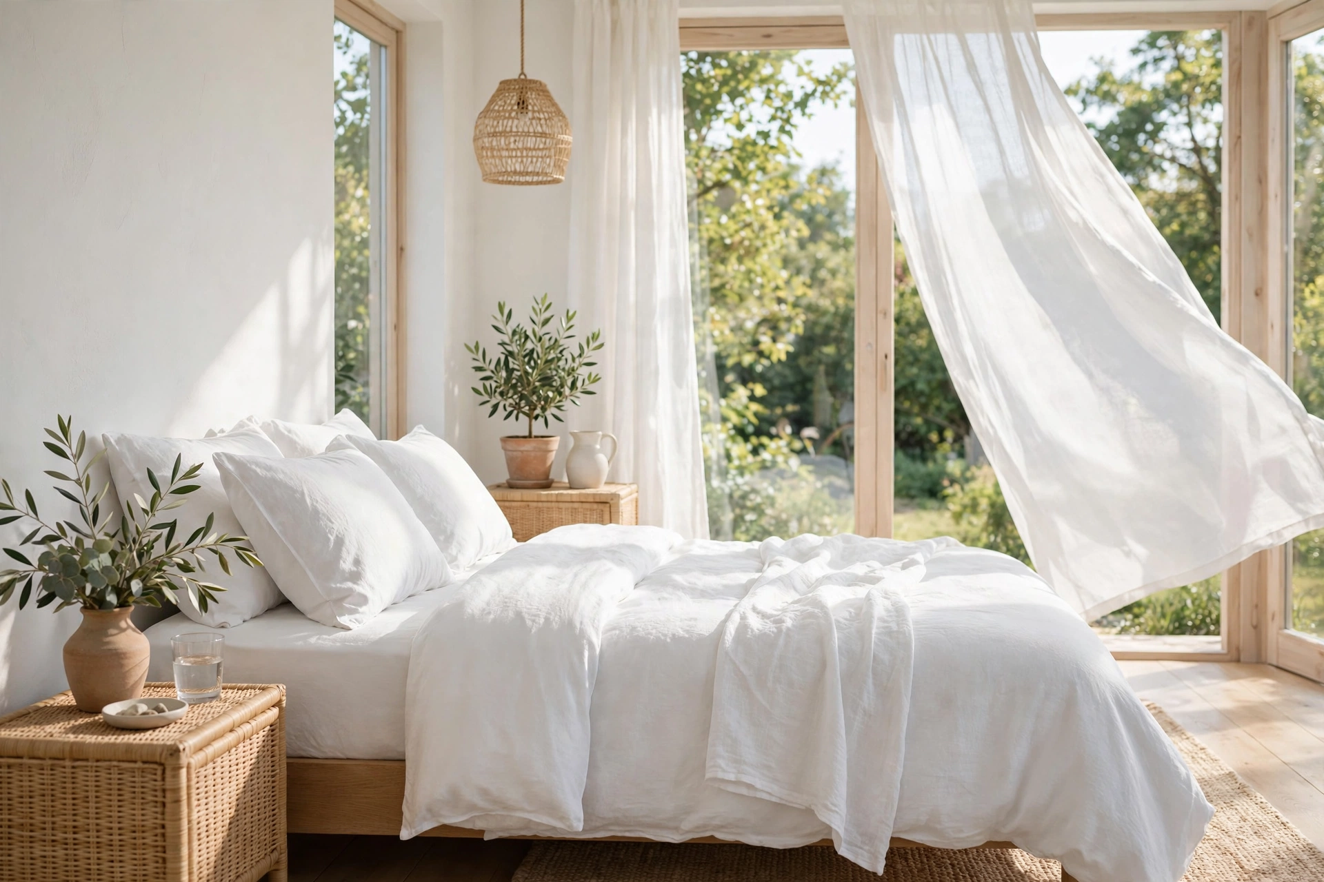 Light and airy summer bedroom with crisp white linens and natural textures