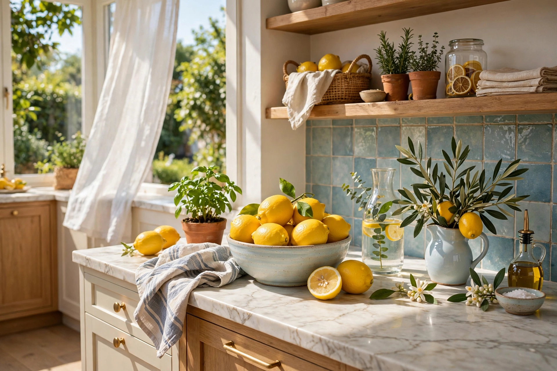 Bright summer citrus decor with lemon and orange accents in a cheerful kitchen