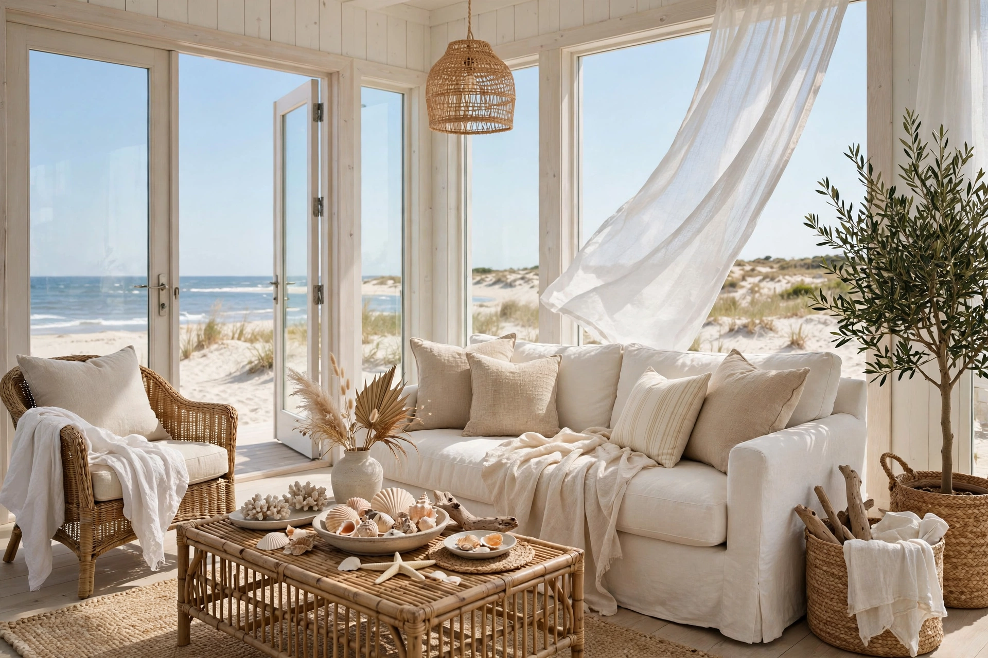 Summer coastal decor living room with whitewashed wood, woven textures, and ocean-blue accents