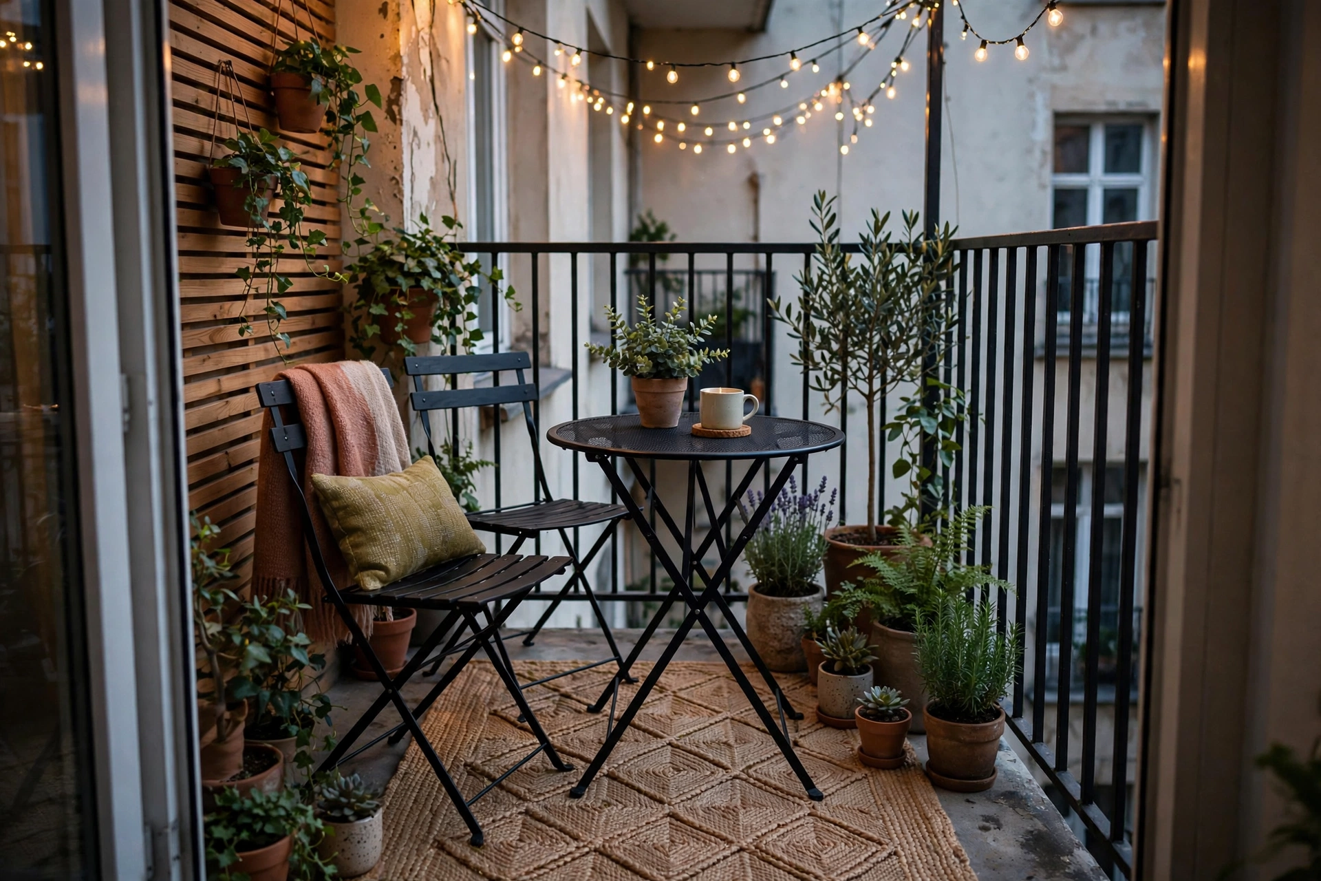 Small apartment balcony styled with outdoor rug, bistro chairs, and string lights