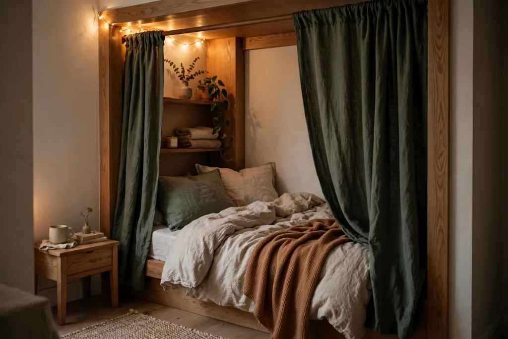 Cozy sleeping nook tucked into a small apartment alcove with curtains