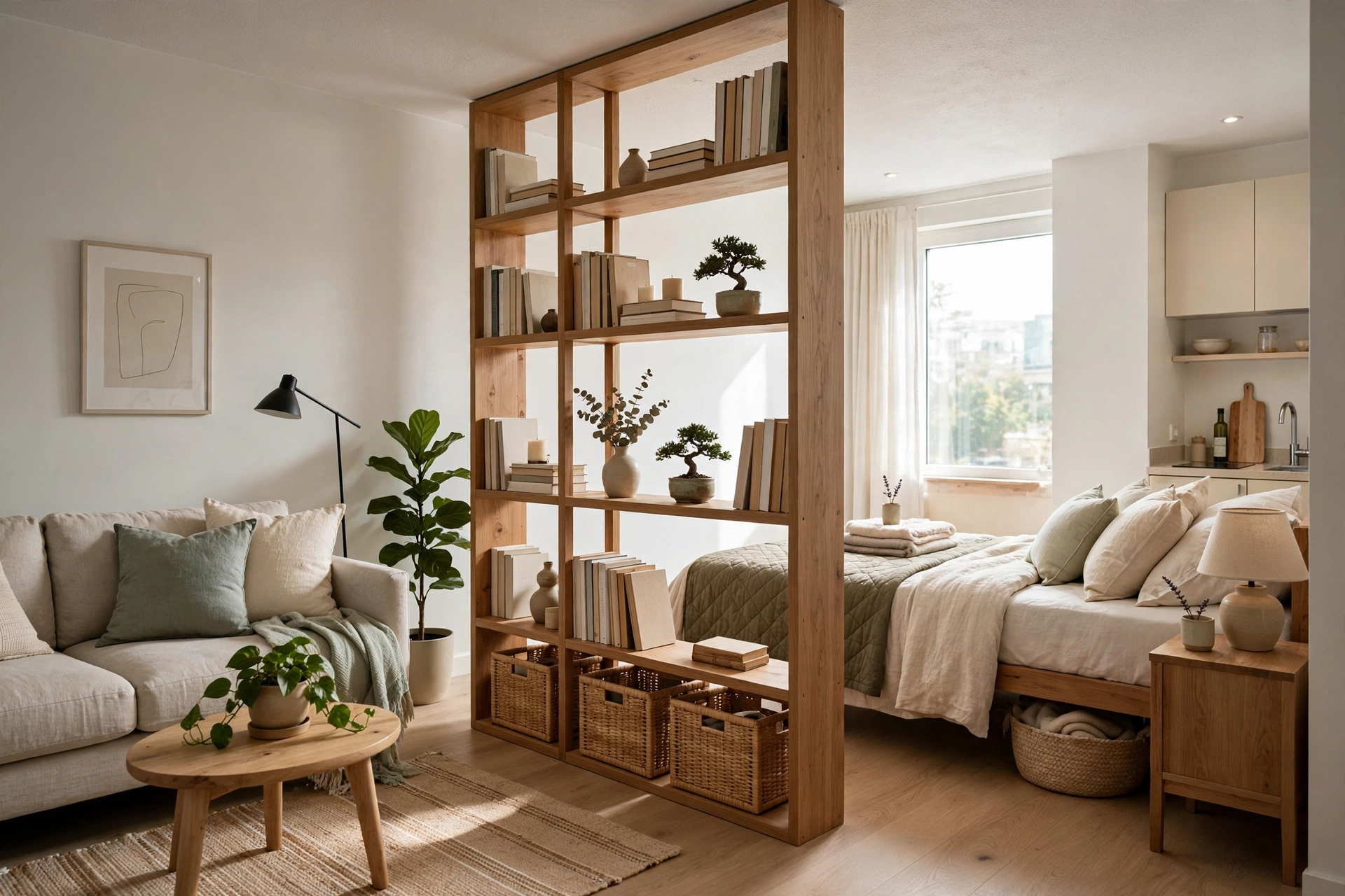 Open shelving room divider creating zones in a small studio apartment