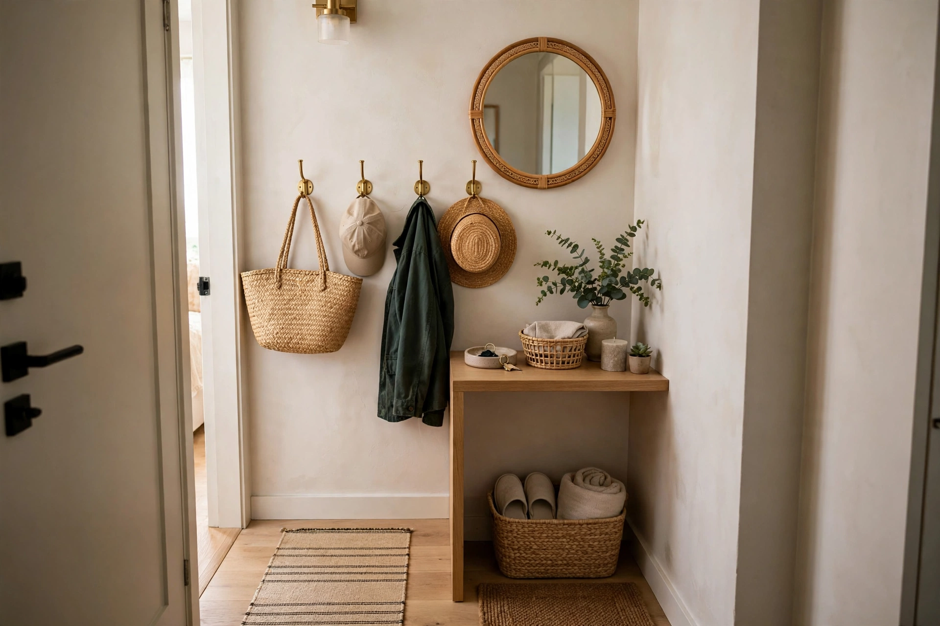 Compact small apartment entryway with wall hooks, storage bench, and mirror