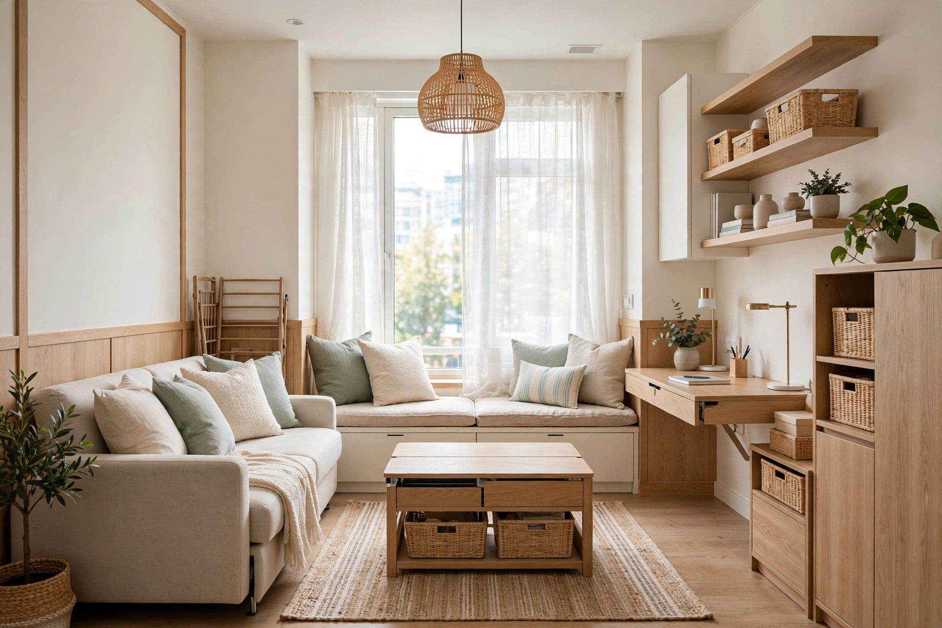 Small apartment decorating ideas featured image showing a stylish, well-organized compact living space