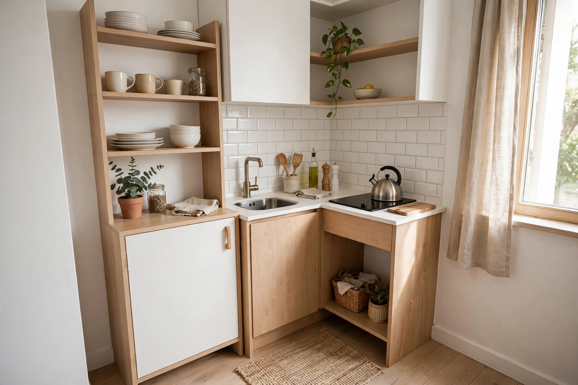 Organized small apartment kitchenette with open shelving and compact appliances