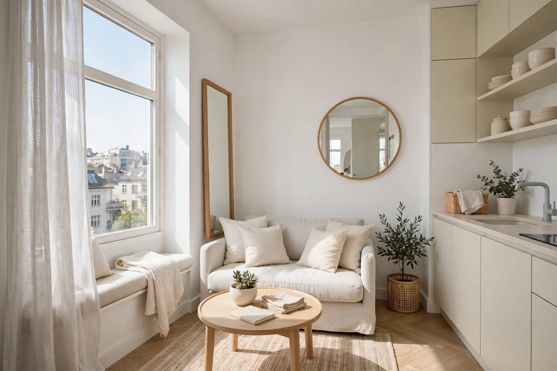 Bright small apartment living room with light colors, white walls, and airy decor