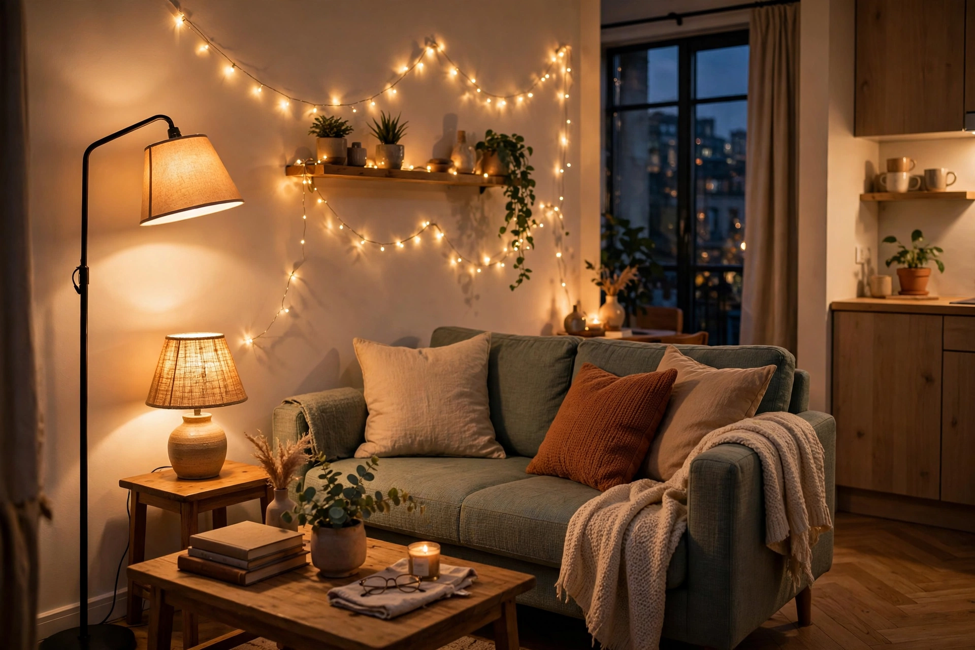 Layered lighting in a small apartment with floor lamp, table lamp, and warm string lights
