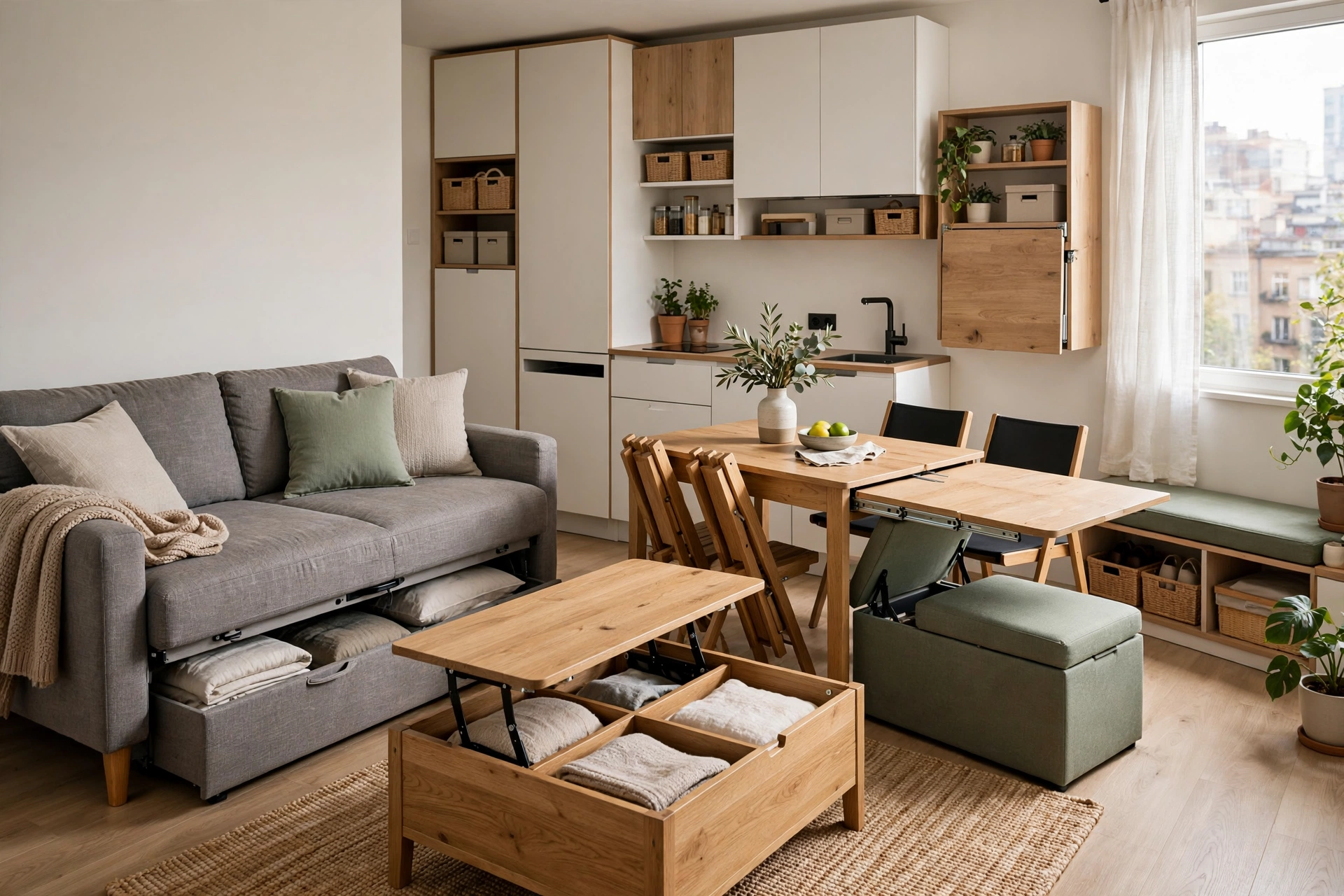Small apartment living room with multipurpose furniture including a storage ottoman and sleeper sofa