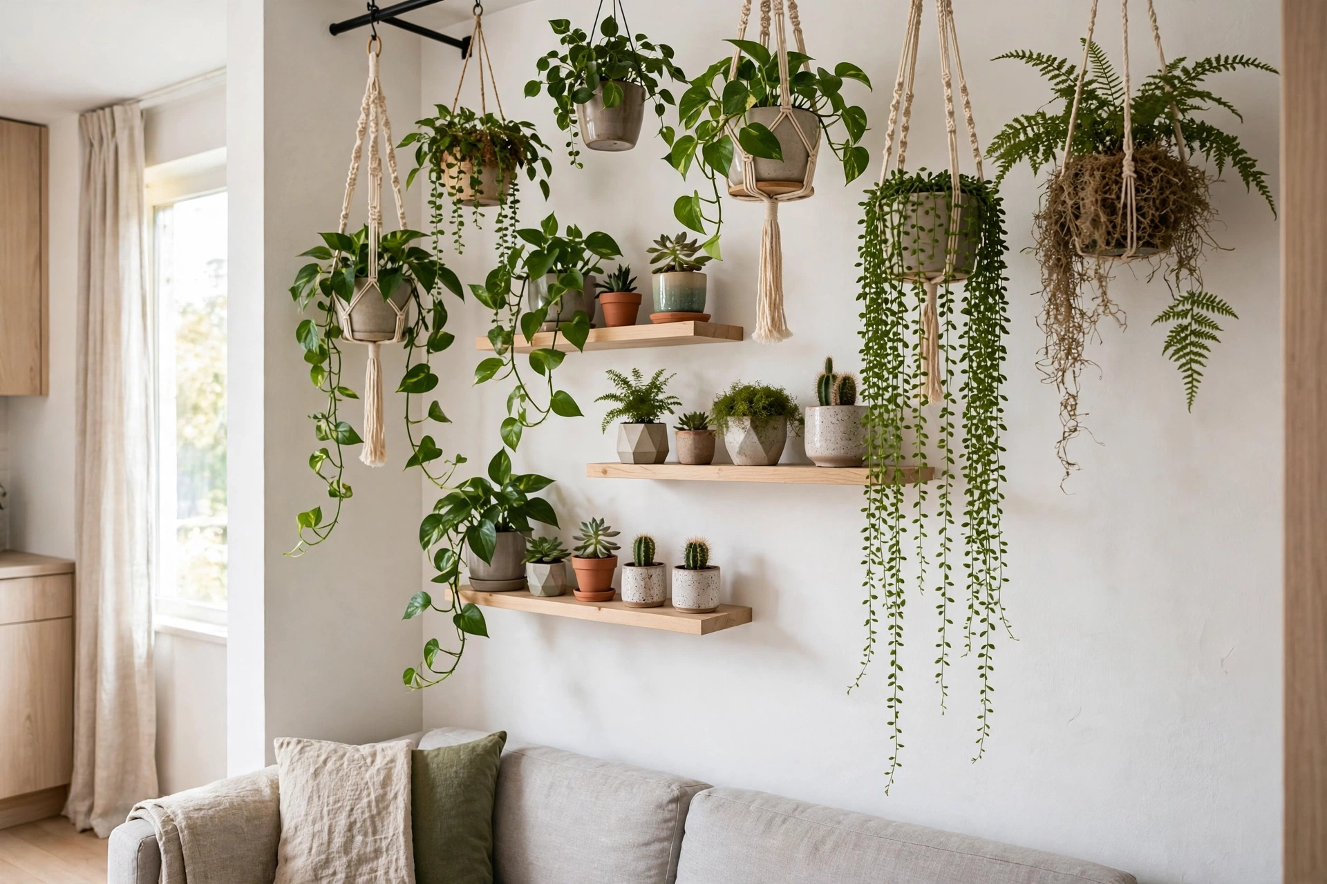Lush indoor plants adding life and color to a small apartment corner