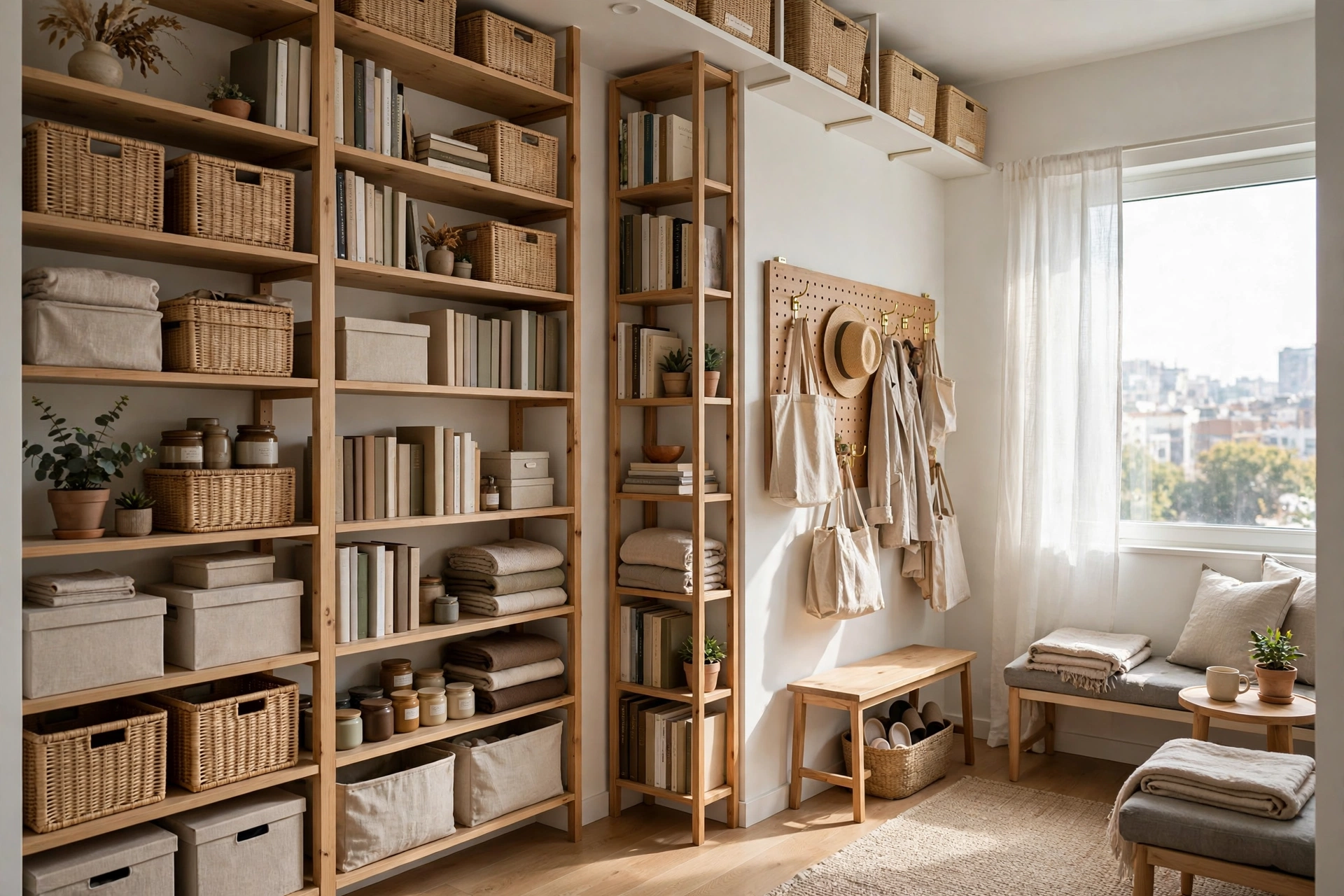 Tall vertical storage shelves making use of wall space in a small apartment