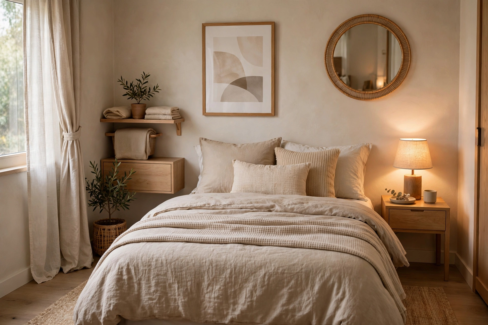 Small cozy bedroom with layered bedding and space saving furniture