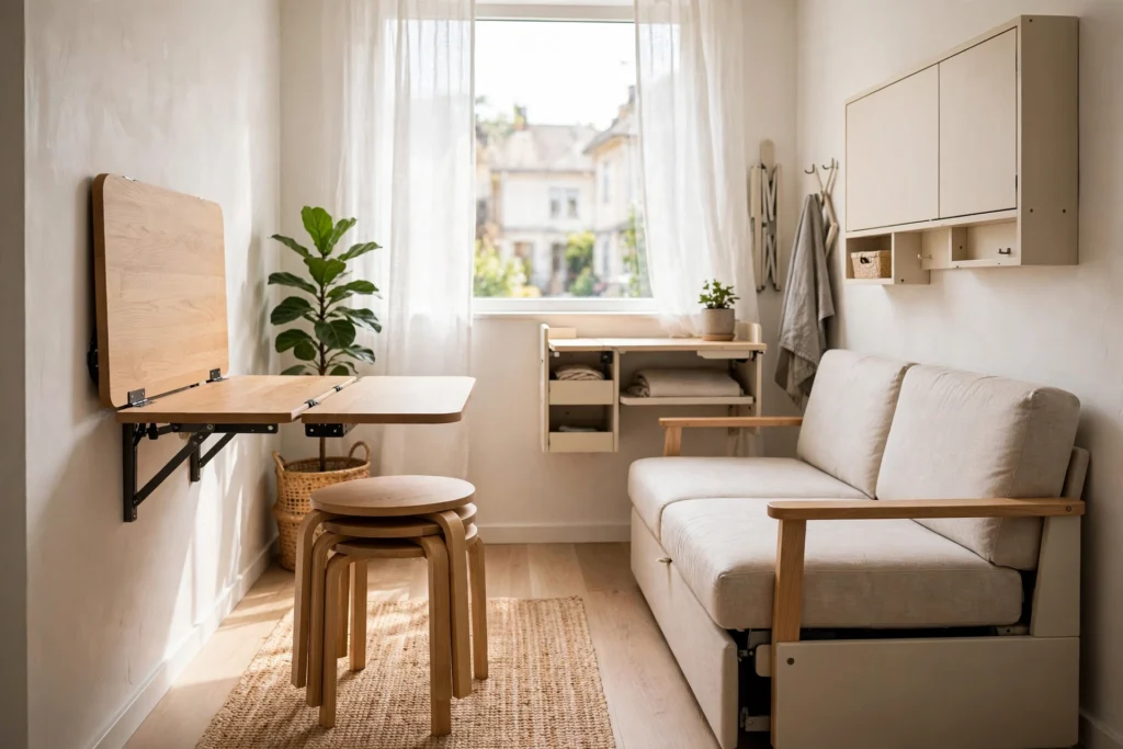 Foldable multifunctional furniture saving space in a small living room
