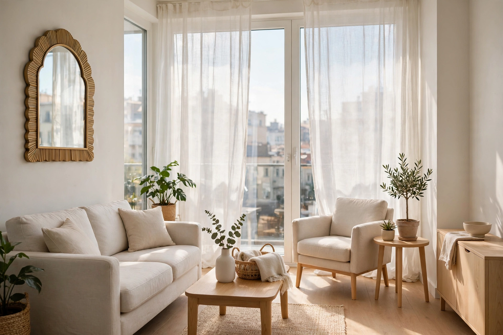Bright small living room with a large mirror reflecting natural light to open up the space