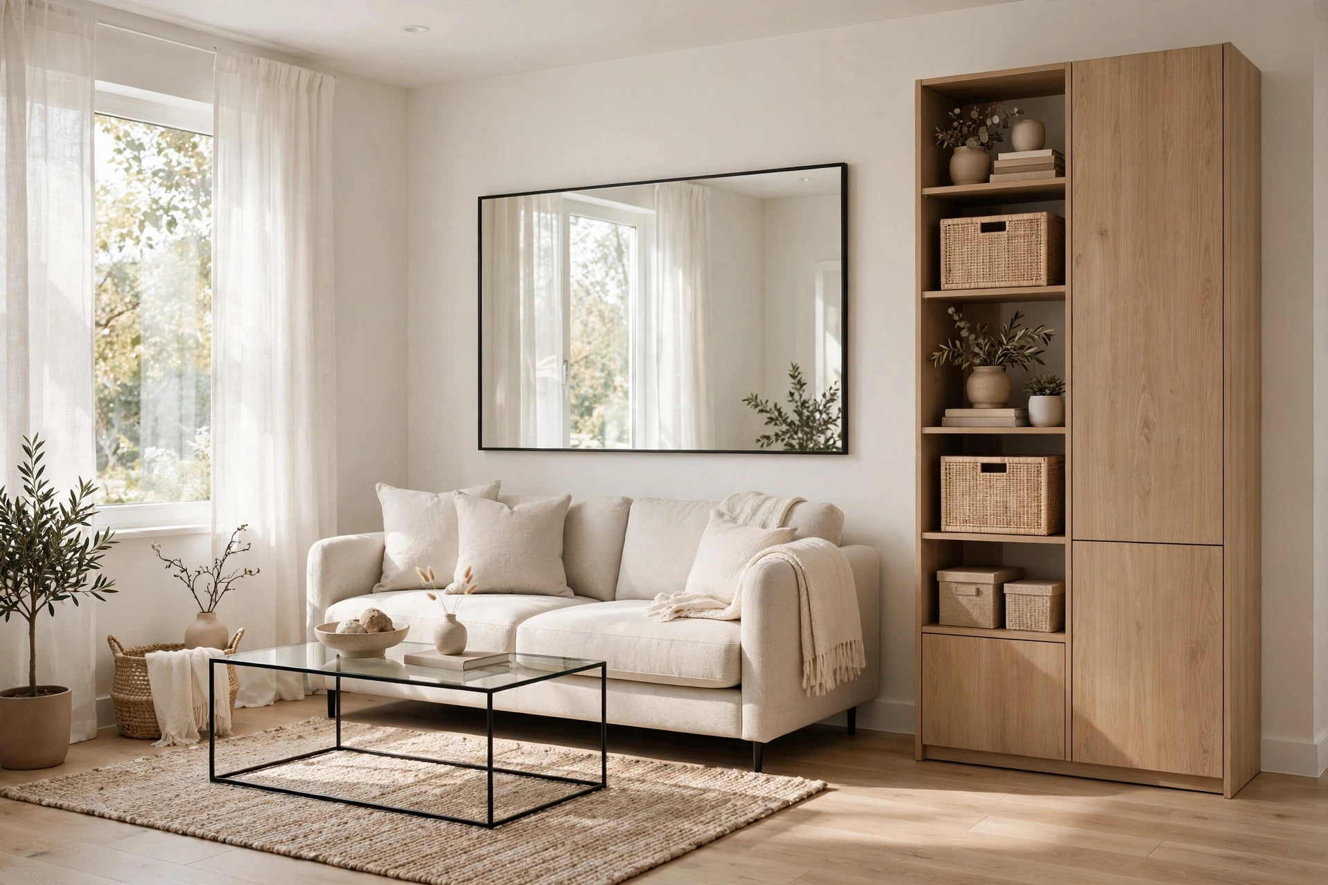 Small living room that feels spacious with mirror and light colors