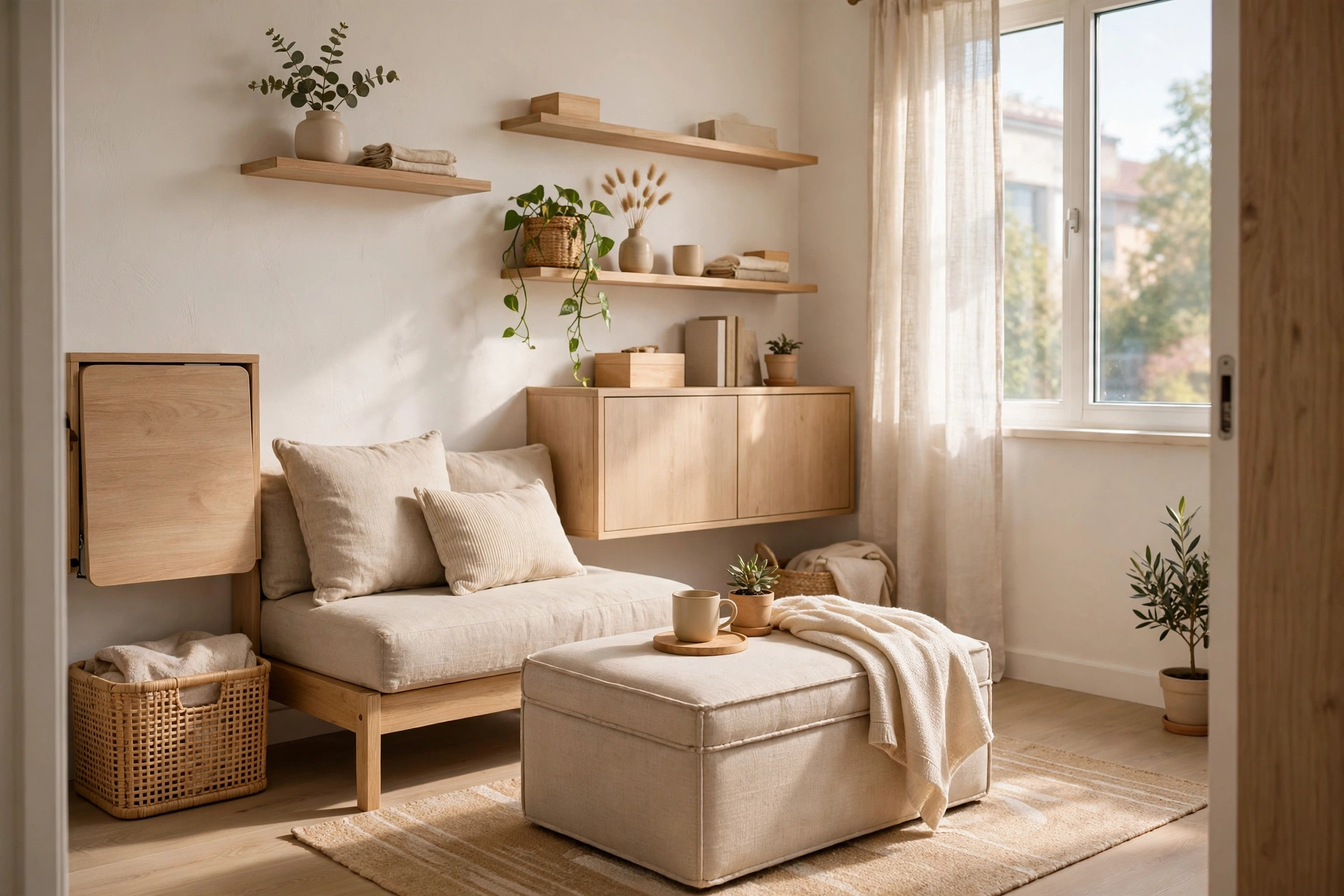 Small Living Room Ideas Compact living room layout with multifunctional storage furniture