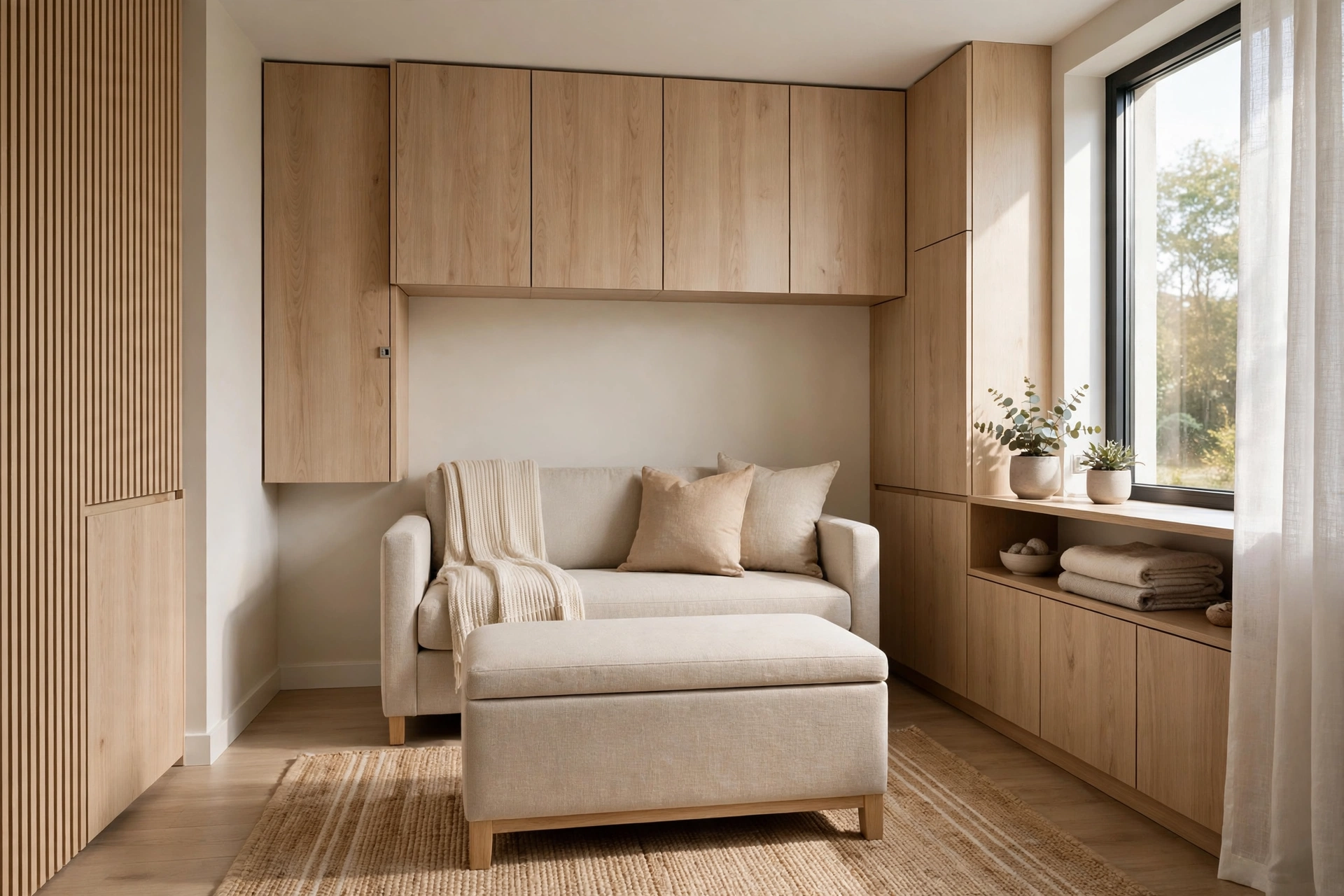 Small living room with clever storage solutions including built-in shelves and a storage ottoman