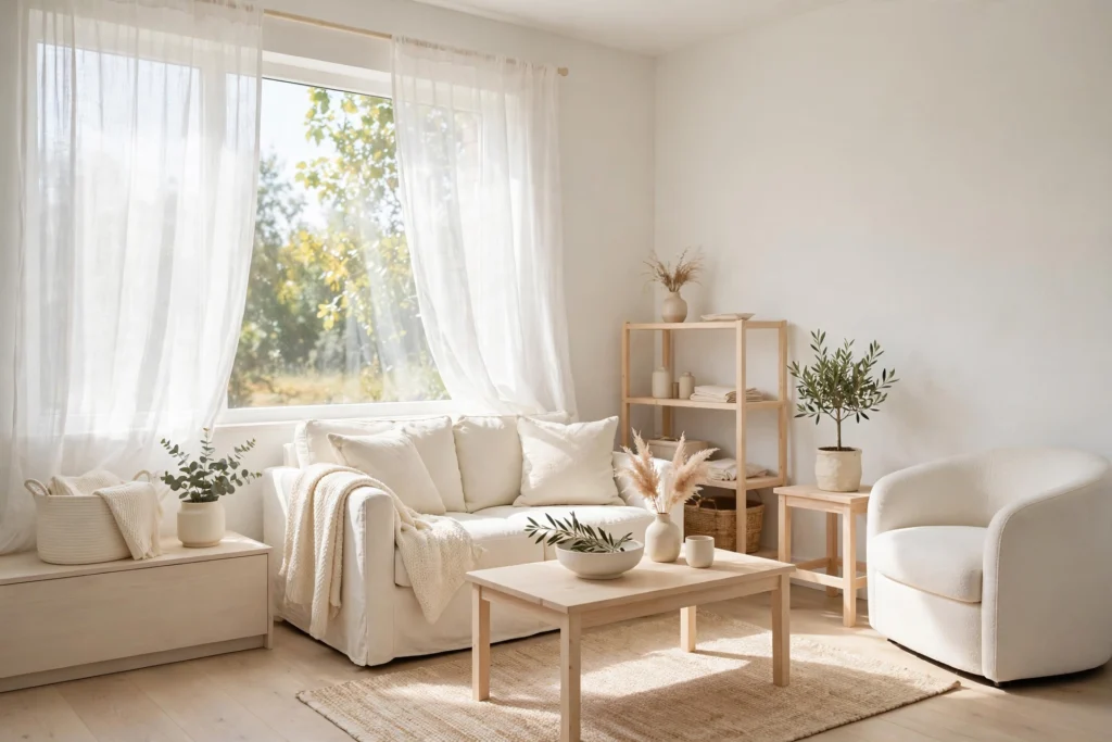 Light airy color palette making a small living room feel spacious and bright