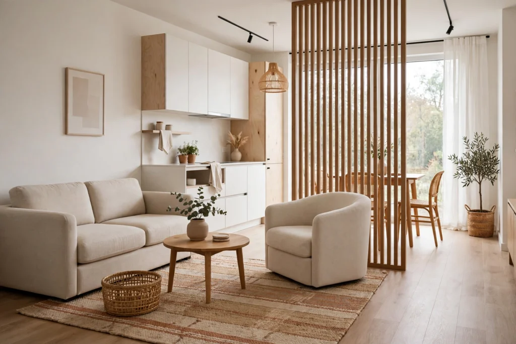 Area rug defining a cozy zone in a small open-plan living room