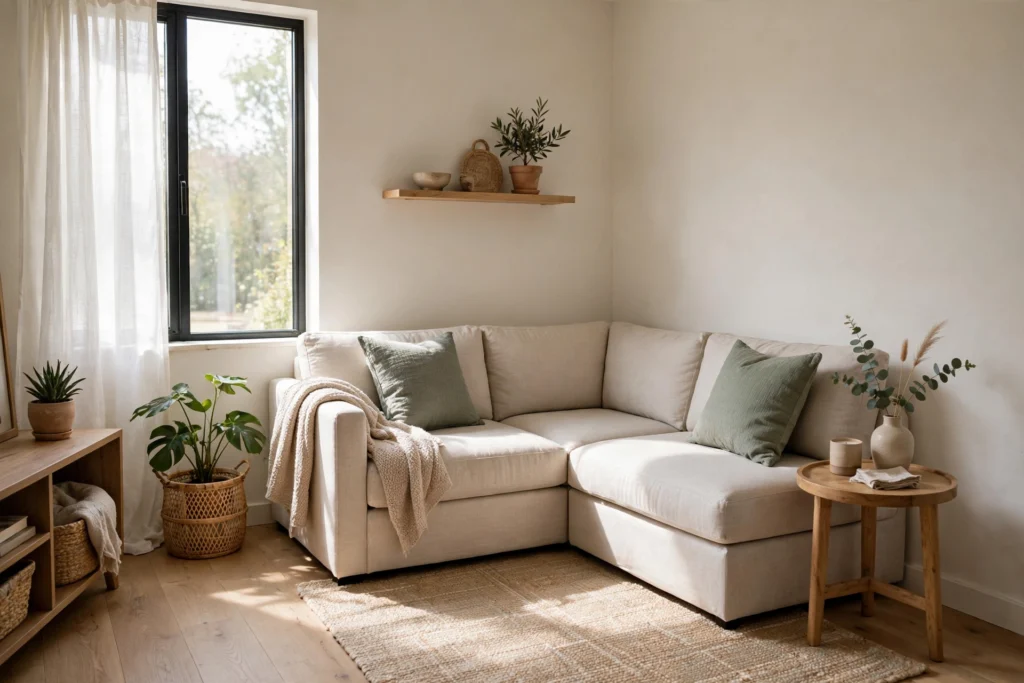 L-shaped sectional sofa tucked into the corner of a small living room